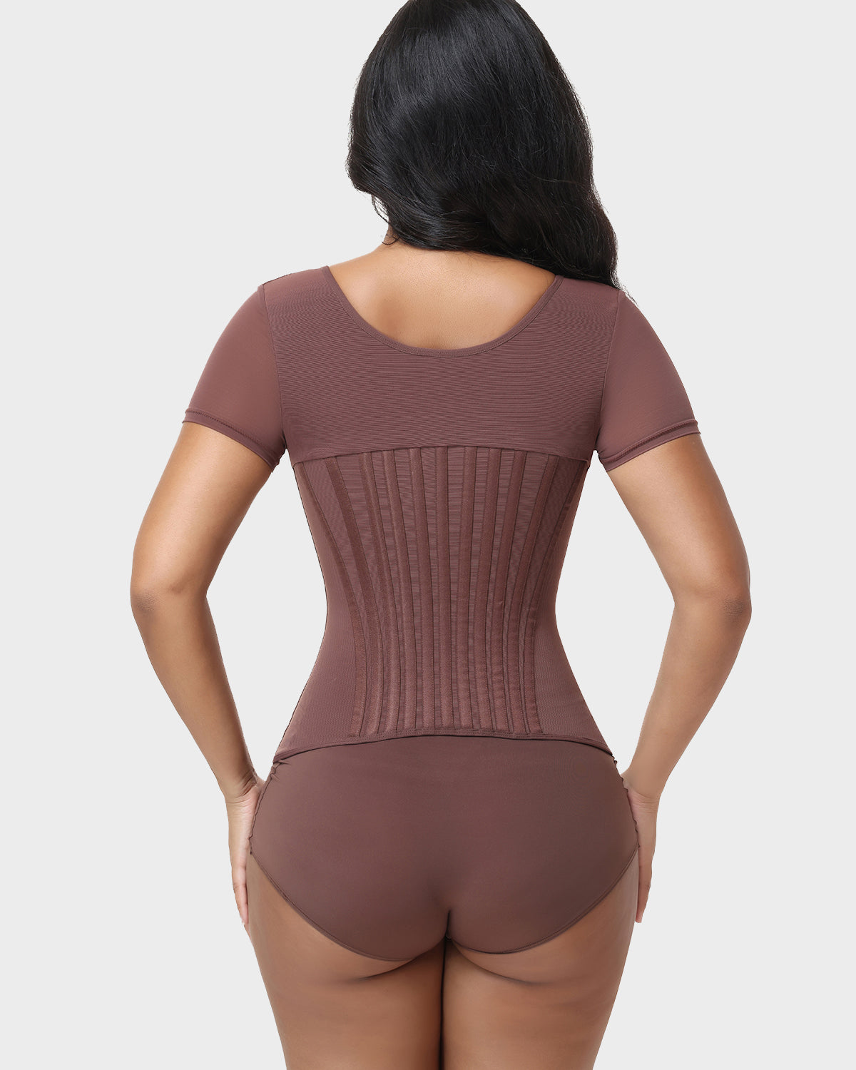 V Neck Front Zipper Short Sleeve Segmented Bone Waist Trainer Compression Shaping Top