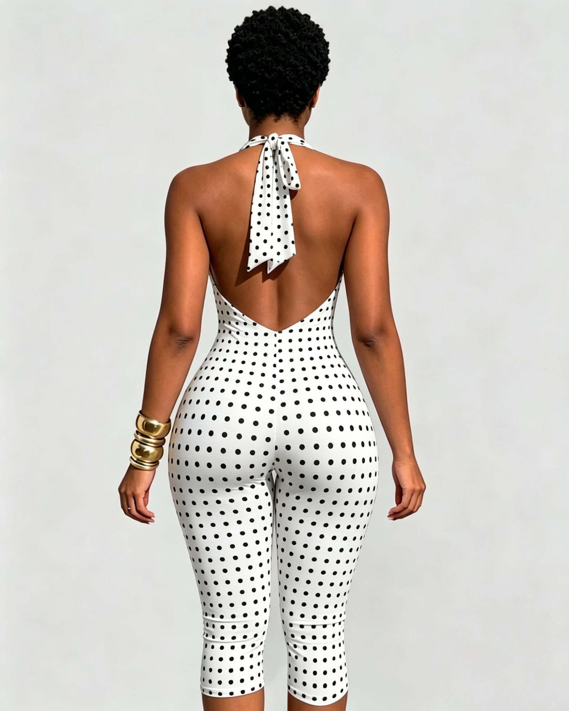 Hourglass Halter V Neck Backless Butt Lifting Capri Jumpsuit In Polk Dot  - By Qivii