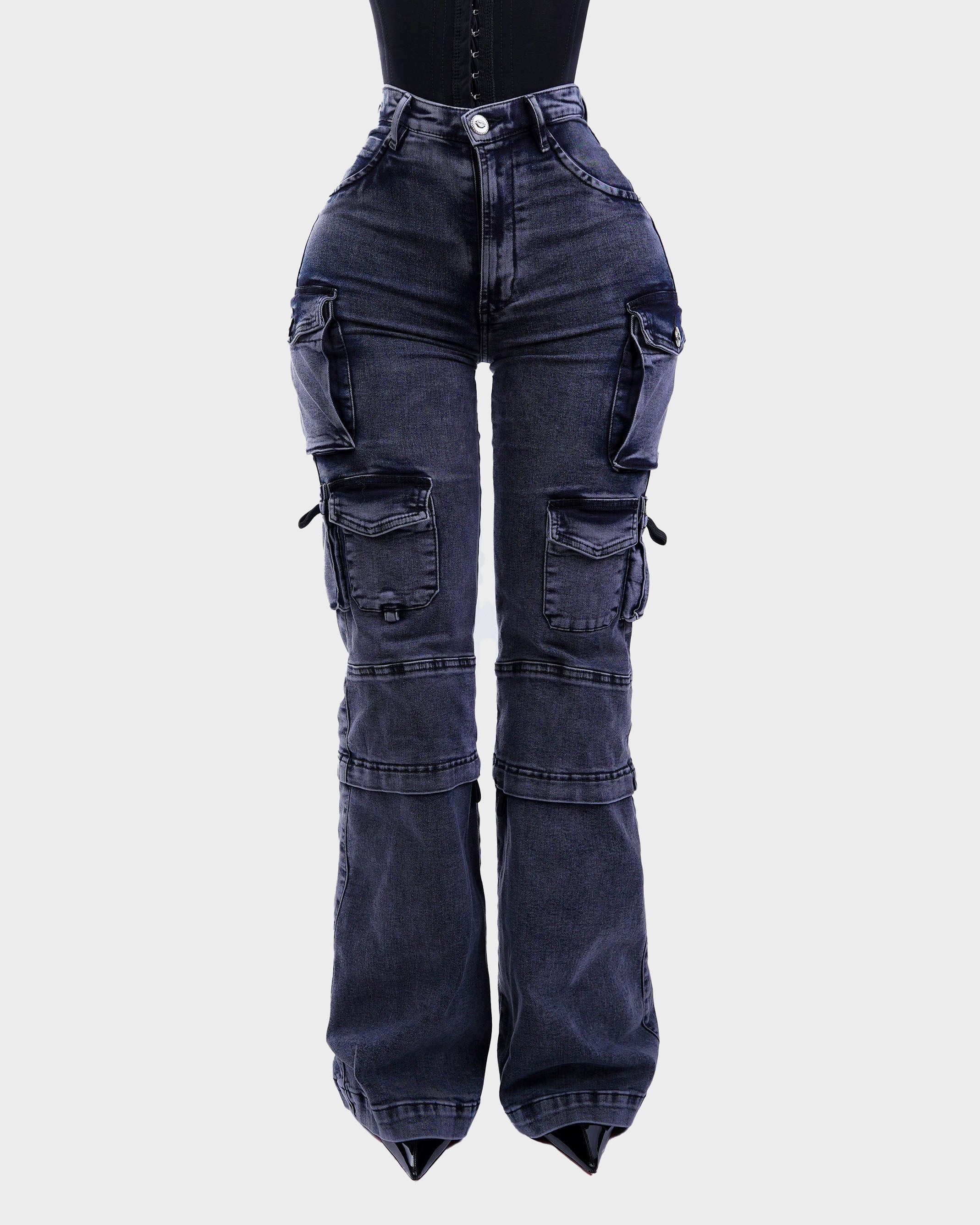 High Waist Multi Pocket Vintage Washed Flare Cargo Jeans  - By Qivii