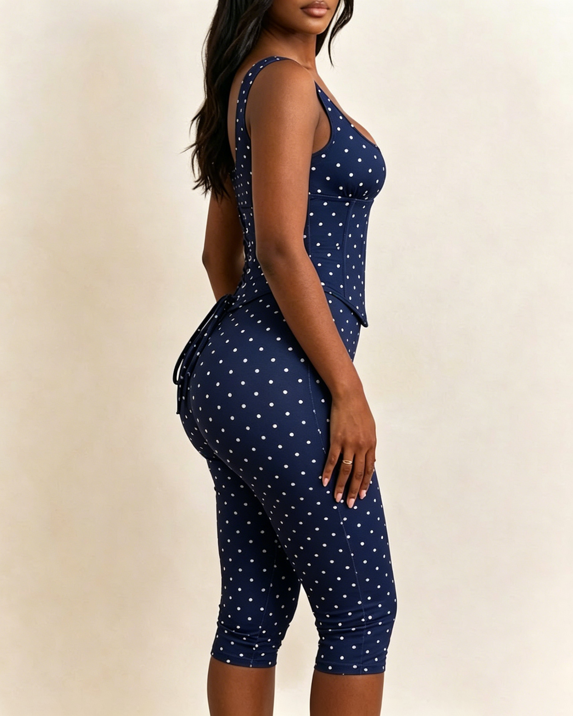Polka Dot Square Neck Capri Jumpsuit with Hourglass Detachable Corset Two-Piece Set  - By Qivii