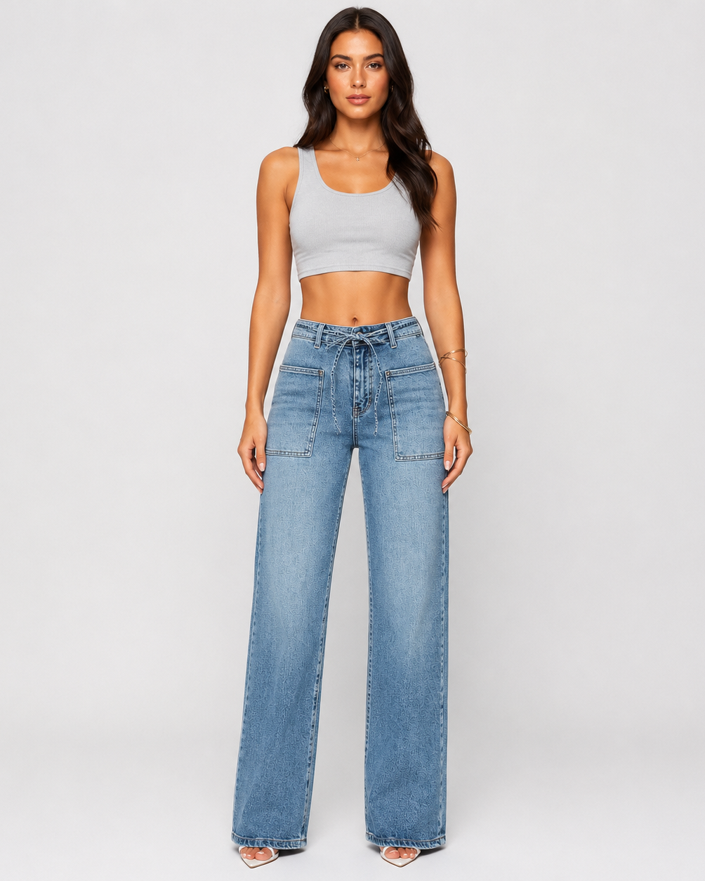 High Waist Big Cargo Pockets Wide Leg Jeans  - By Qivii