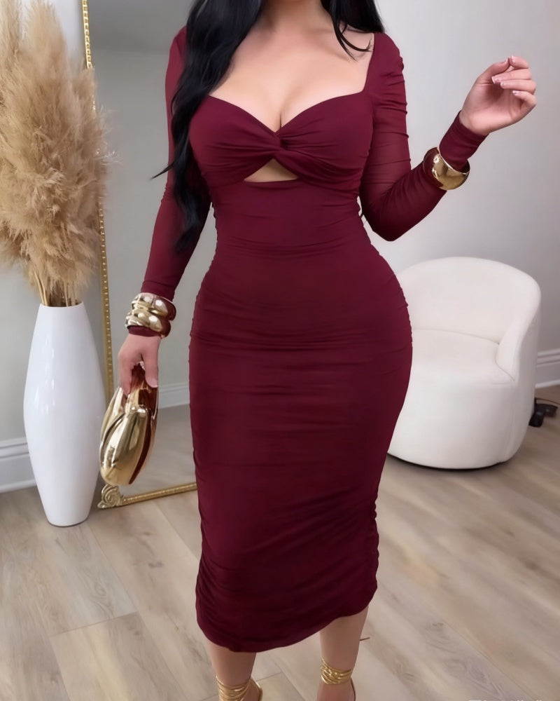Glamorous Mesh Sleeves Cut out Ruched Bodycon Midi Dress  - By Qivii