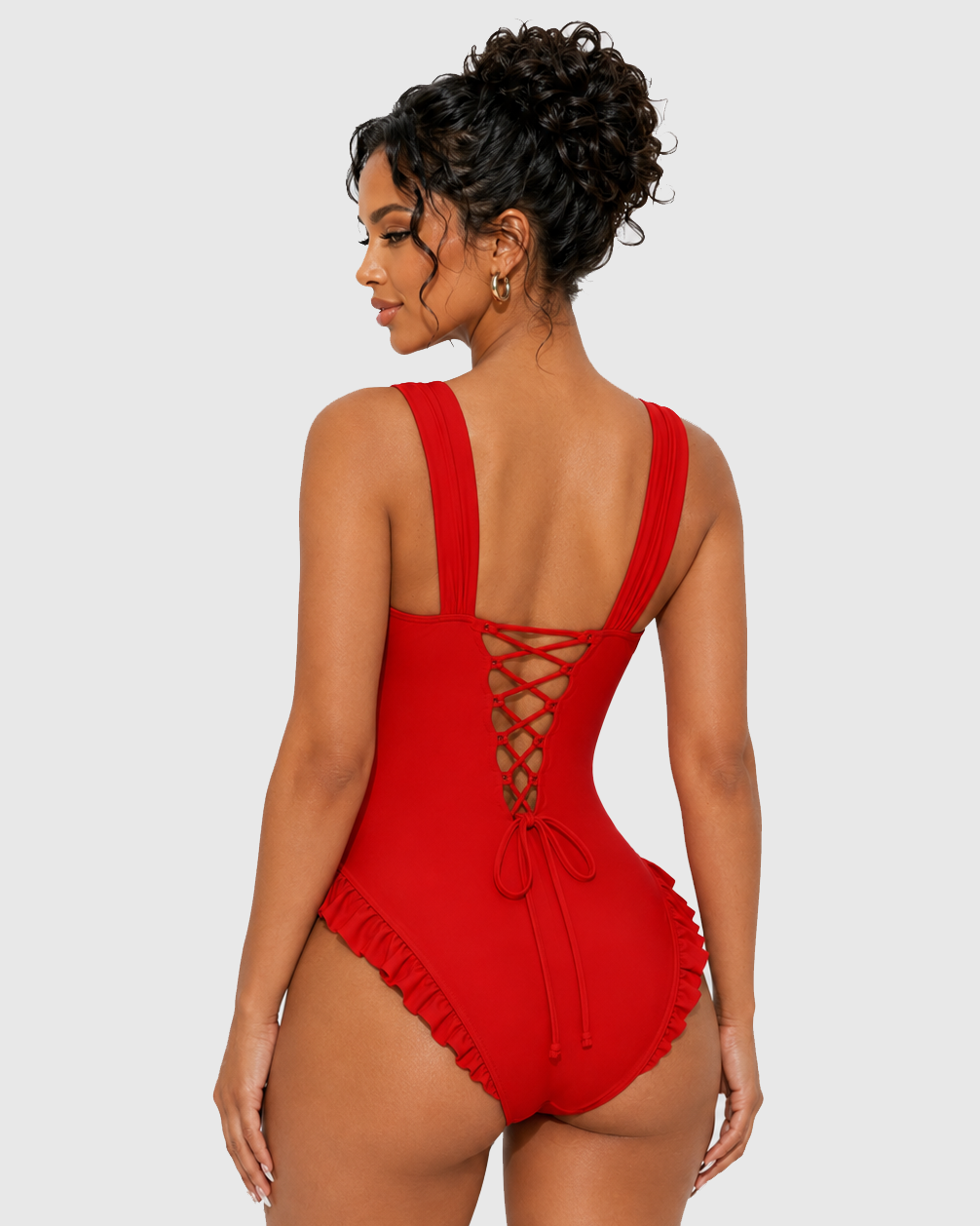 Square Neck Front Tie Ruffle Hem One Piece Swimsuit  - By Qivii