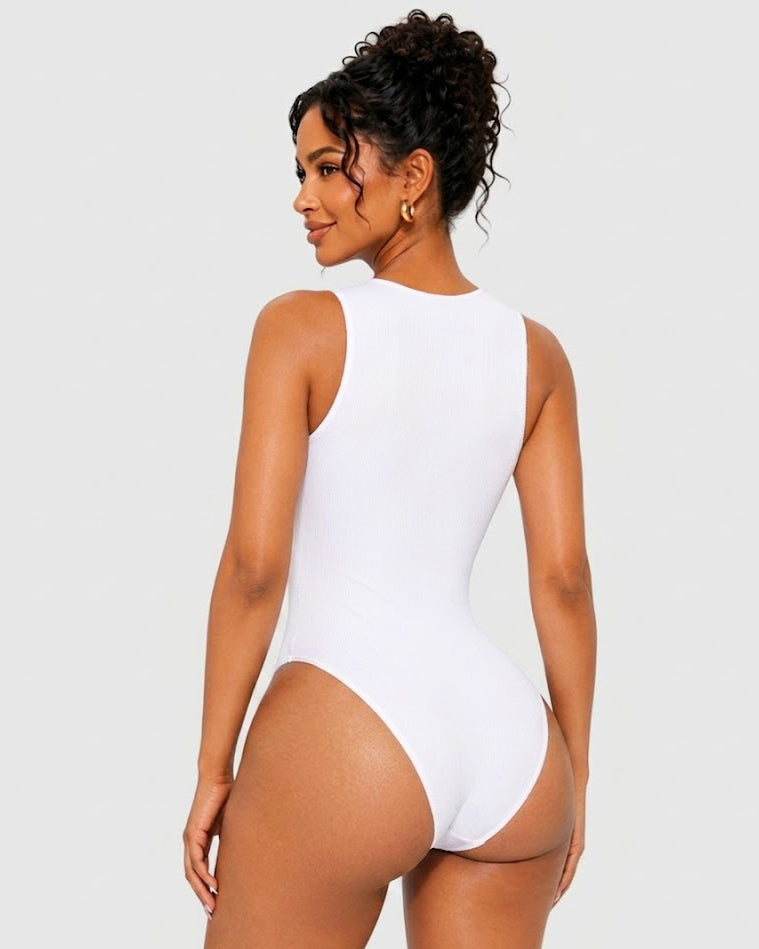 Crew Neck Invisible Zip Ribbed Seamless Bodysuit  - By Qivii