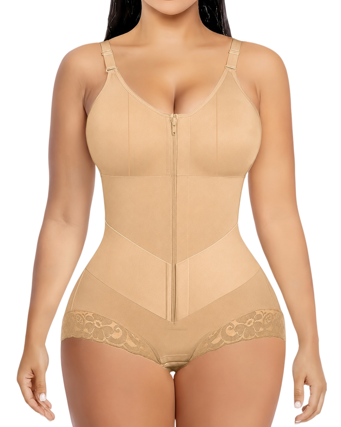 Front Zip Adjustable Strap Tummy Control Butt Lifting Bodysuit Shapewear
