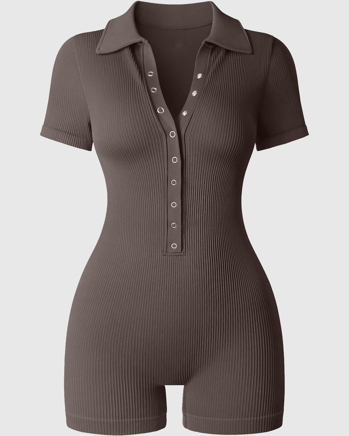 Ribbed Polo Collar Half Snap Front Short Sleeve Bodycon Romper  - By Qivii