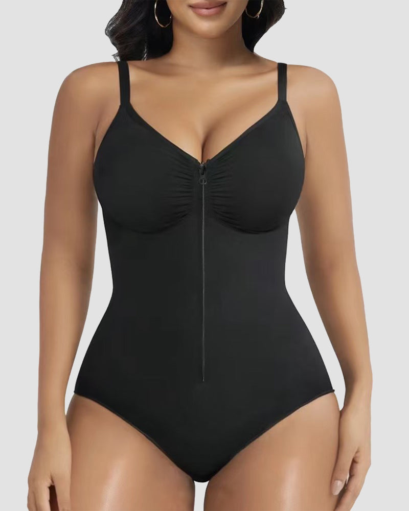 Front Zipper Tummy Control Triangle Shapewear Bodysuit  - By Qivii