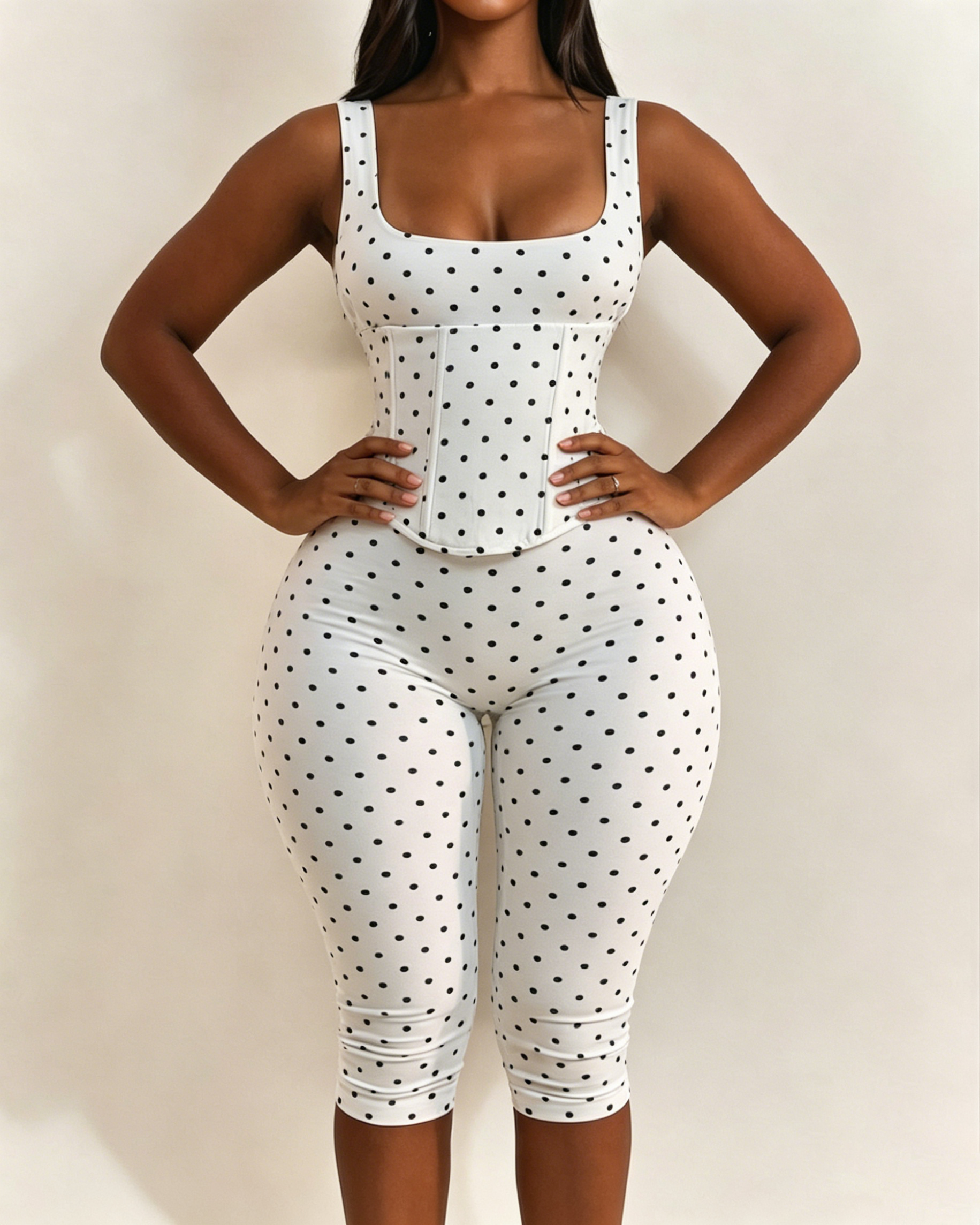 Polka Dot Square Neck Capri Jumpsuit with Hourglass Detachable Corset Two-Piece Set  - By Qivii