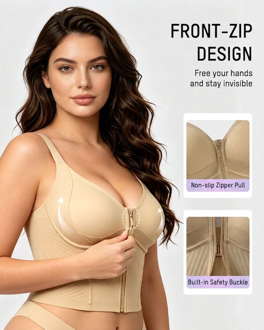 Underwire Front Zipper Corset Shaping Bra with Adjustable Straps