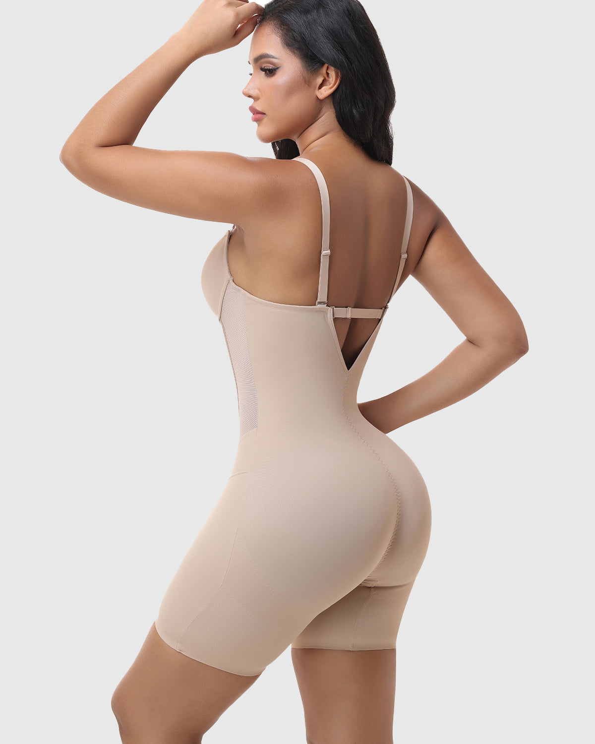 Deep V Adjustable Strap Crotch Closure Mid Thigh Bodysuit Full Body Shapewear