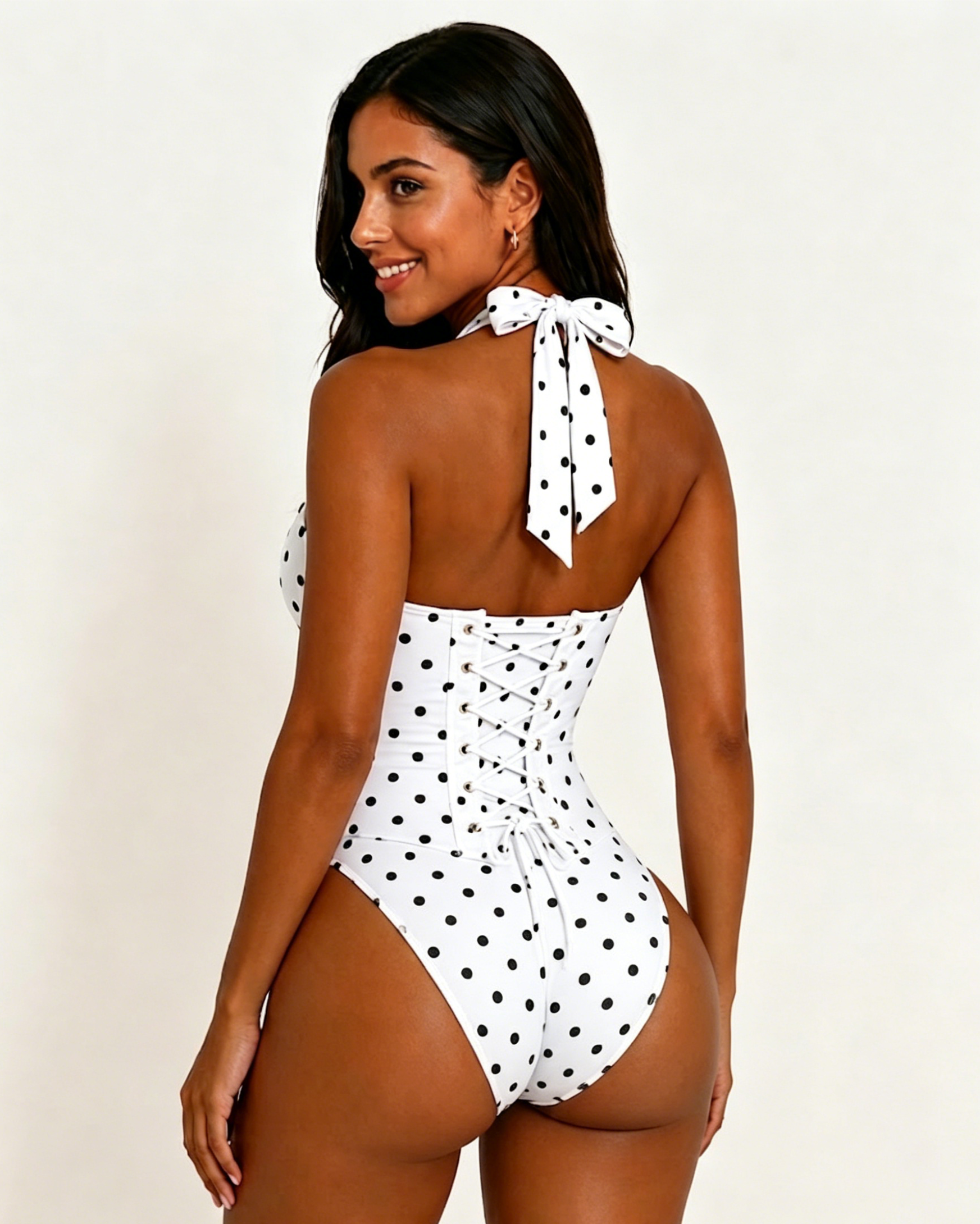 Polka Dot Halter Corset One-Piece Swimsuit  - By Qivii