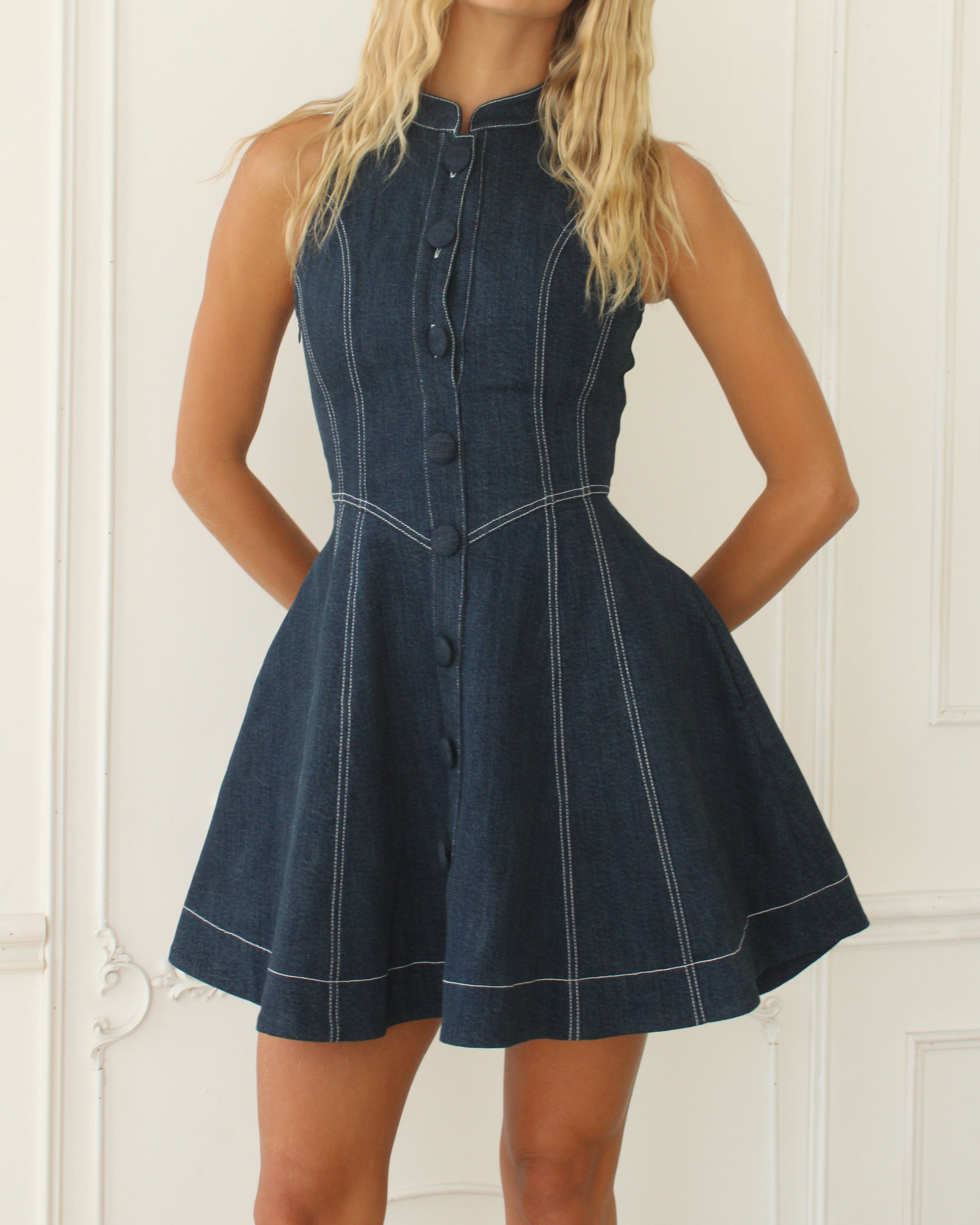 Stand Collar Sleeveless Button Denim Mini Dress with Pockets  - By Qivii