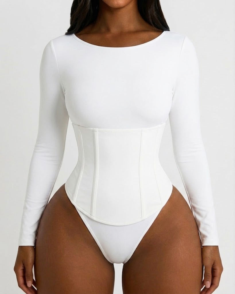 Long Sleeve Scoop Neck Bodysuit with Detachable Corset Two Piece Set (Pre-sale)  - By Qivii