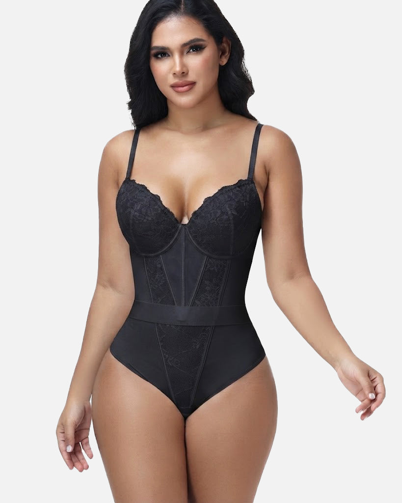 V Neck Lace Thong Bodysuit Adjustable Straps Waist Cinching Shapewear