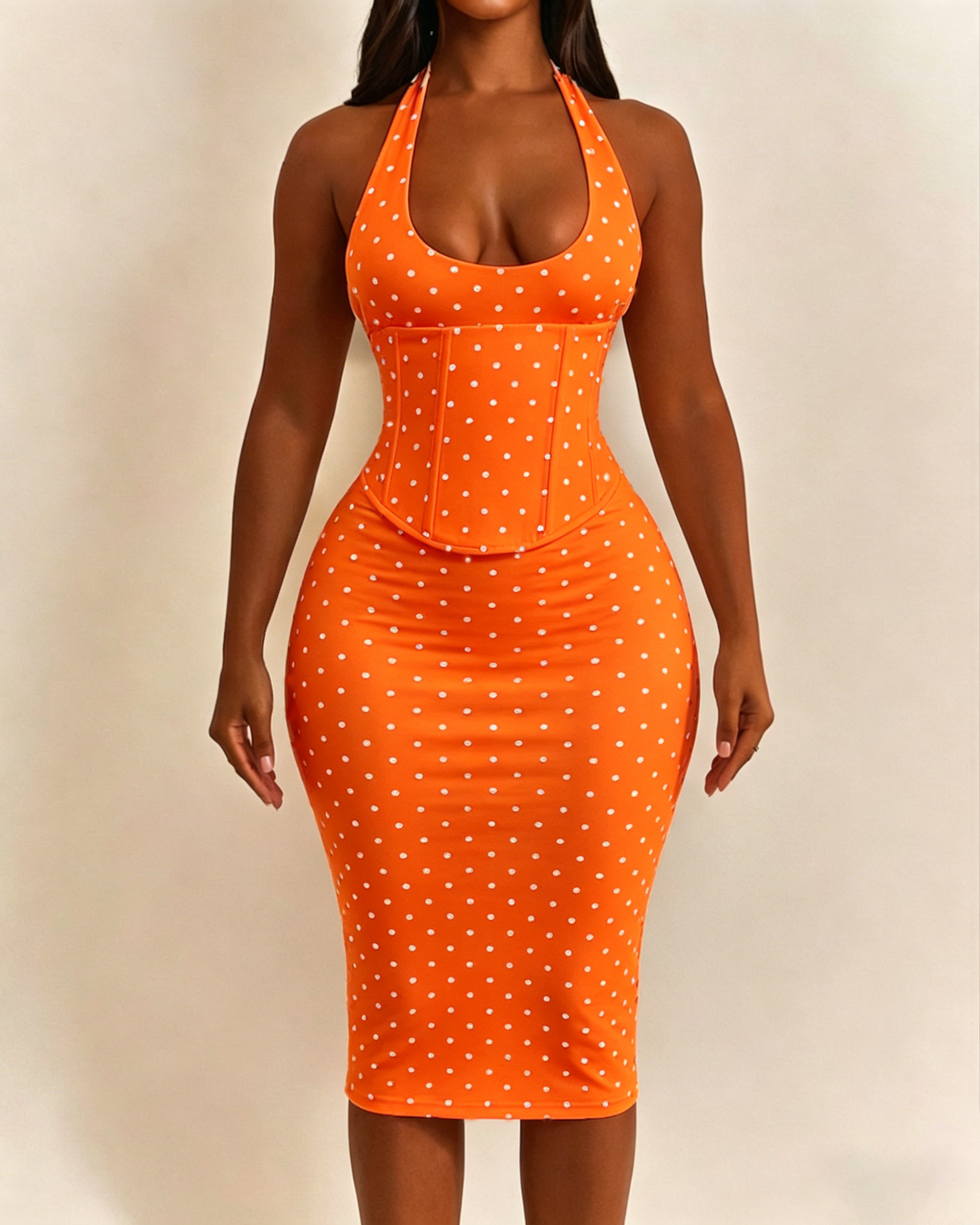 Polka Dot Corset Halter Midi Dress with Lace-Up Back  - By Qivii
