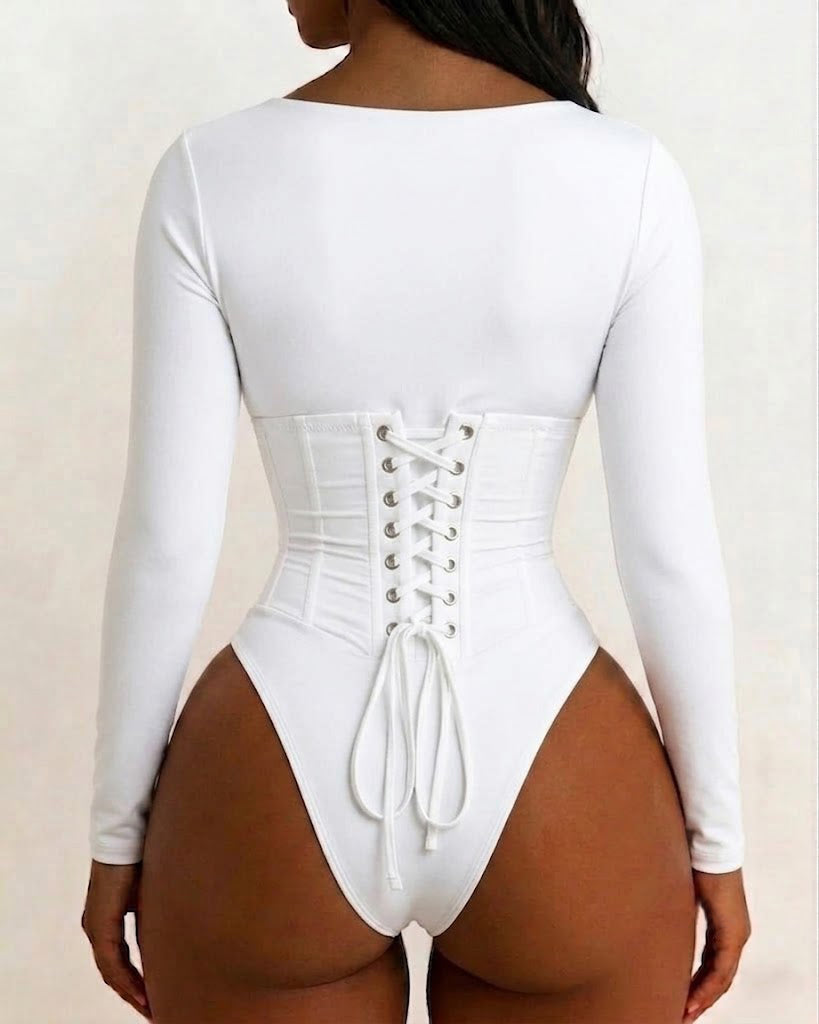 Long Sleeve Square Neck Bodysuit with Detachable Corset Two Piece Set (Pre-sale)  - By Qivii
