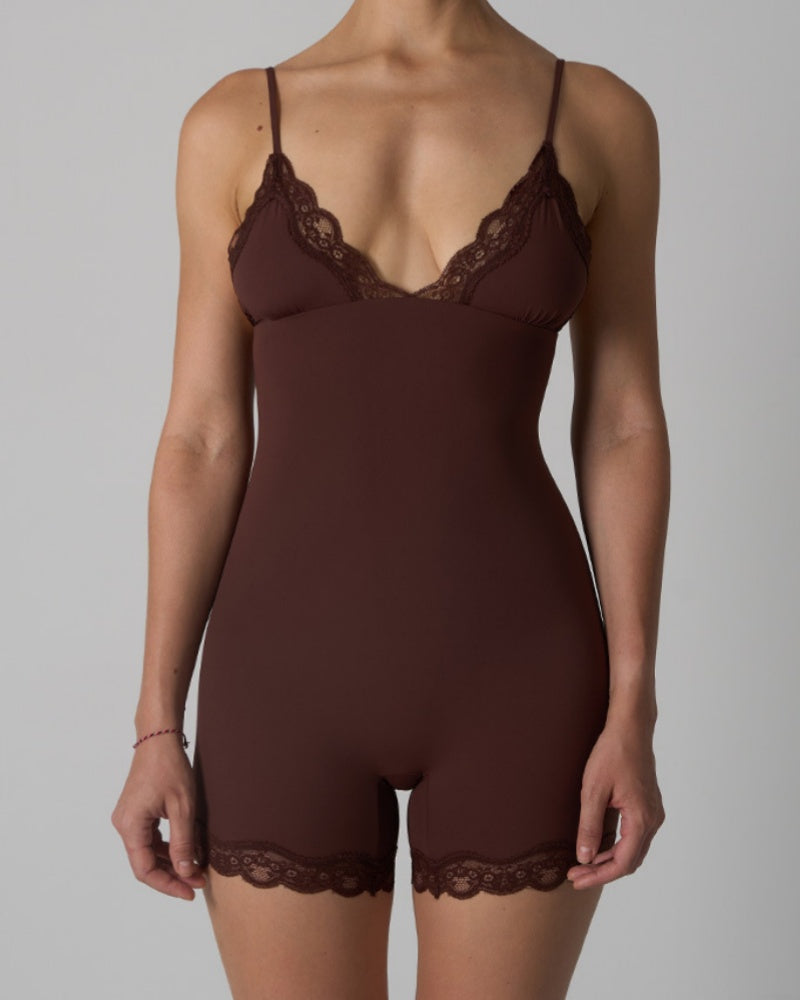Triangle Cup Seamless Suspenders Shapewear Bodysuit With Lace Trim  - By Qivii