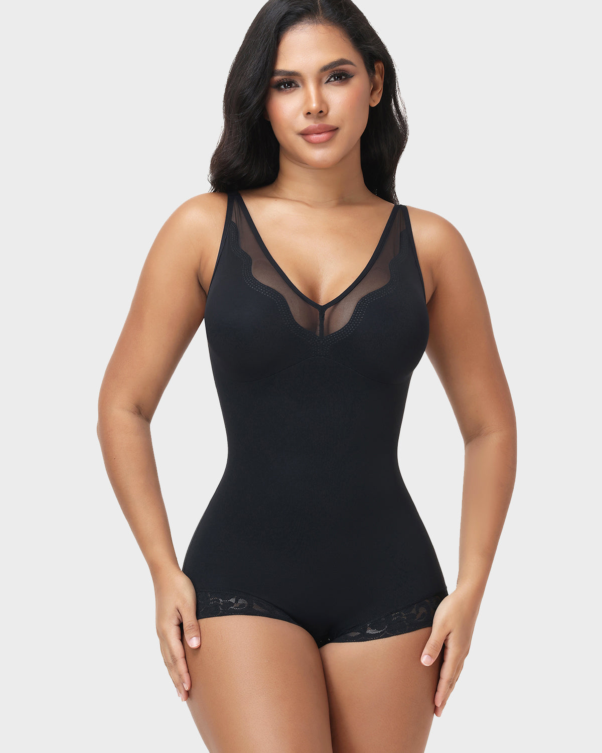 V Neck Adjustable Strap Lace Trim Tummy Control Butt Lifting Bodysuit