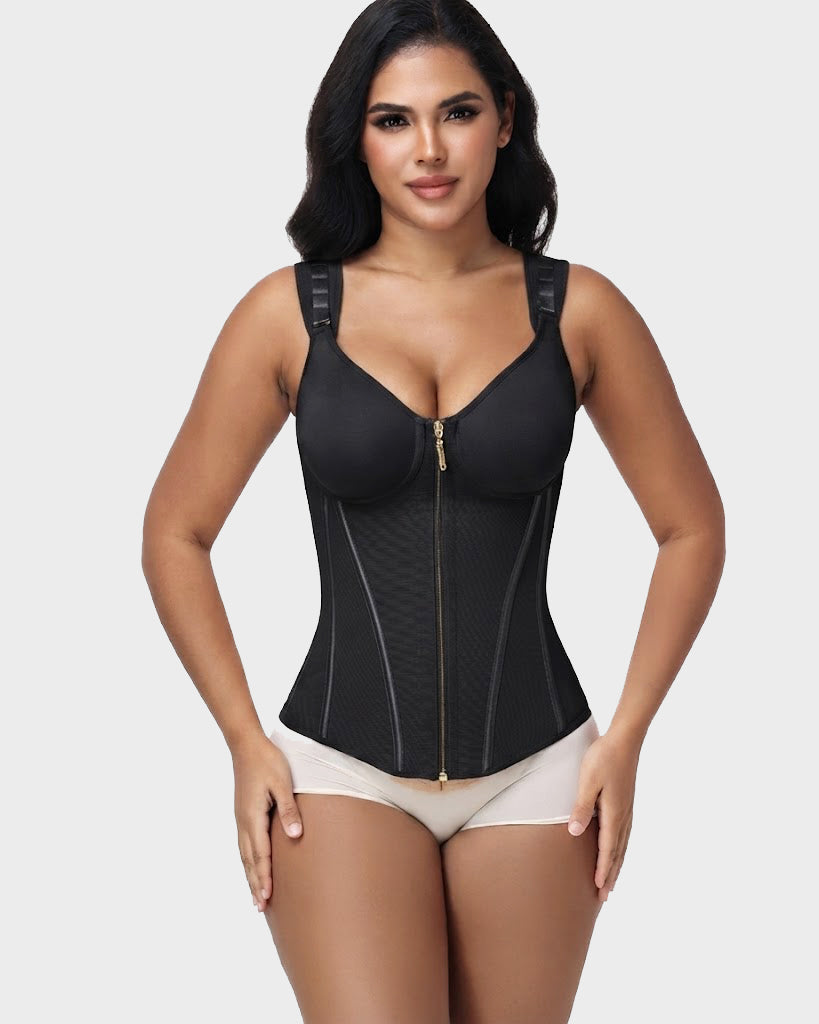 V Neck Underwire Cup Wide Adjustable Strap Zipper Waist Trainer Shaping Vest