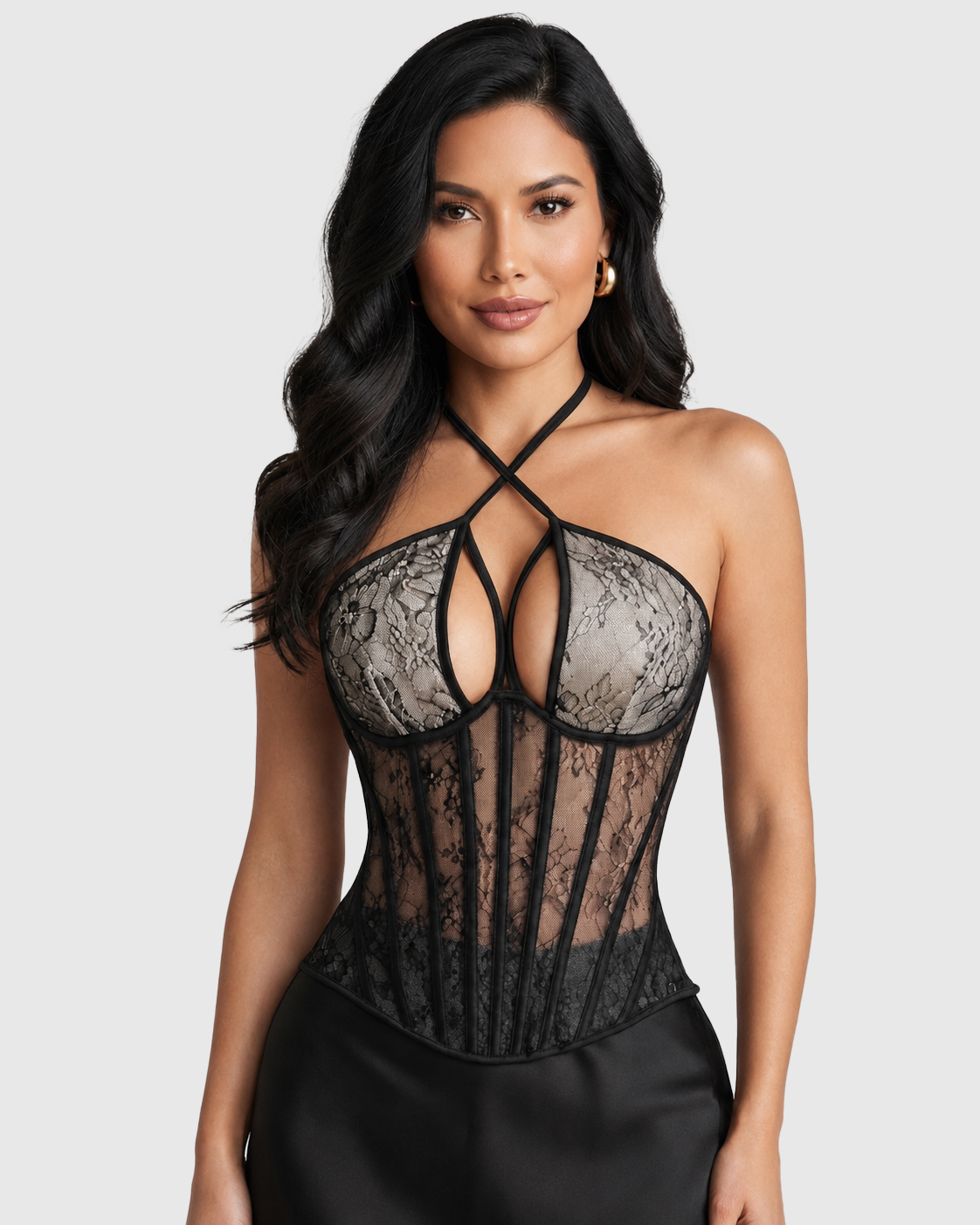French Lace Cross Halter Boned Corset Top