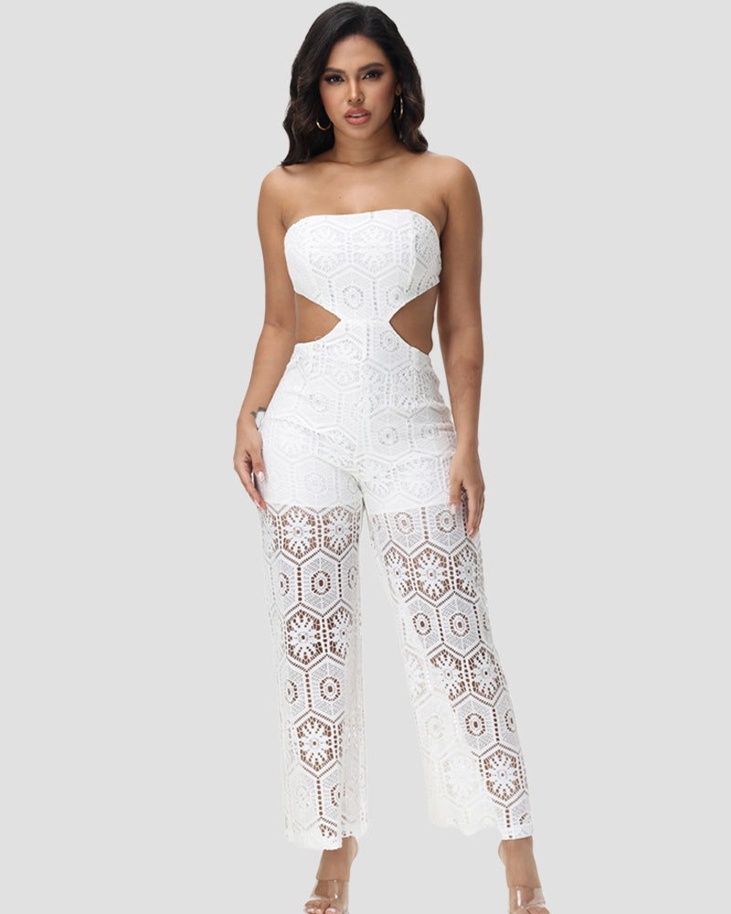 Chic Strapless Lace Waist Cut out Jumpsuit with Geometric Pattern  - By Qivii