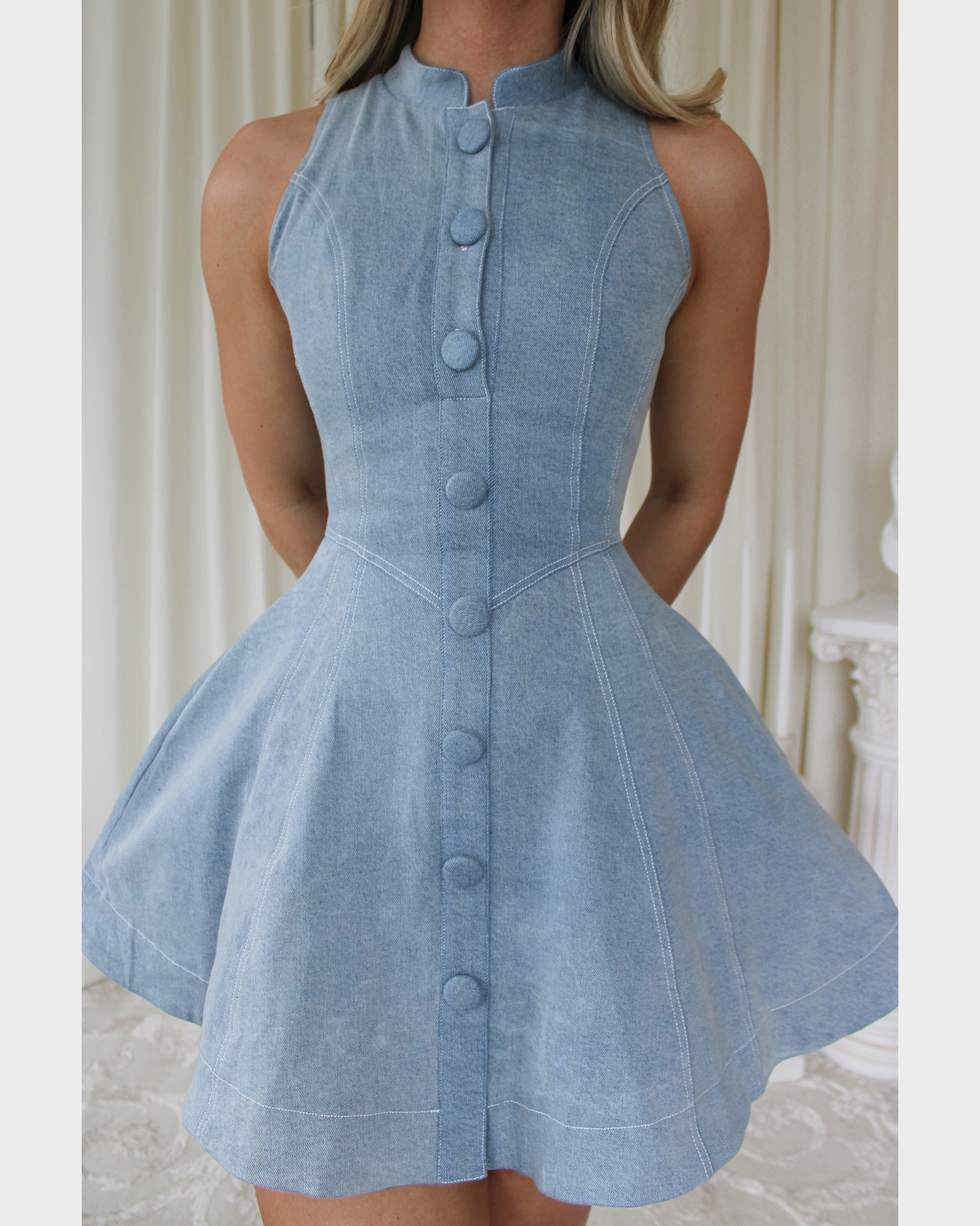 Stand Collar Sleeveless Button Denim Mini Dress with Pockets  - By Qivii