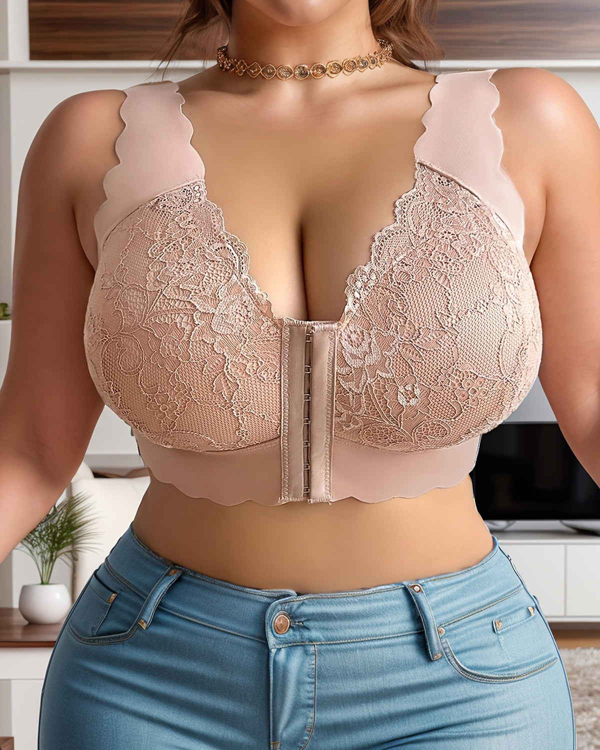 Front Hook Lace Scalloped Edge Plus Size Shapewear Bra