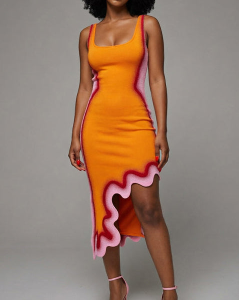 Reversible Wavy Slim Midi Dress  - By Qivii