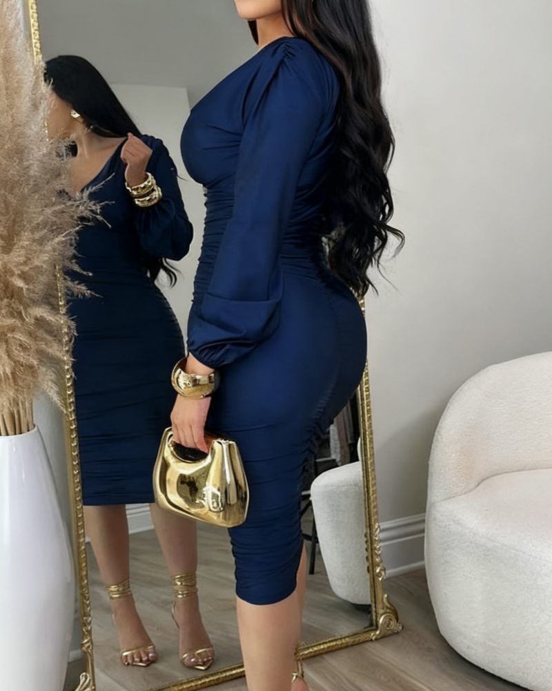 Deep V Neck Long Sleeves Ruched Bodycon Midi Dress  - By Qivii