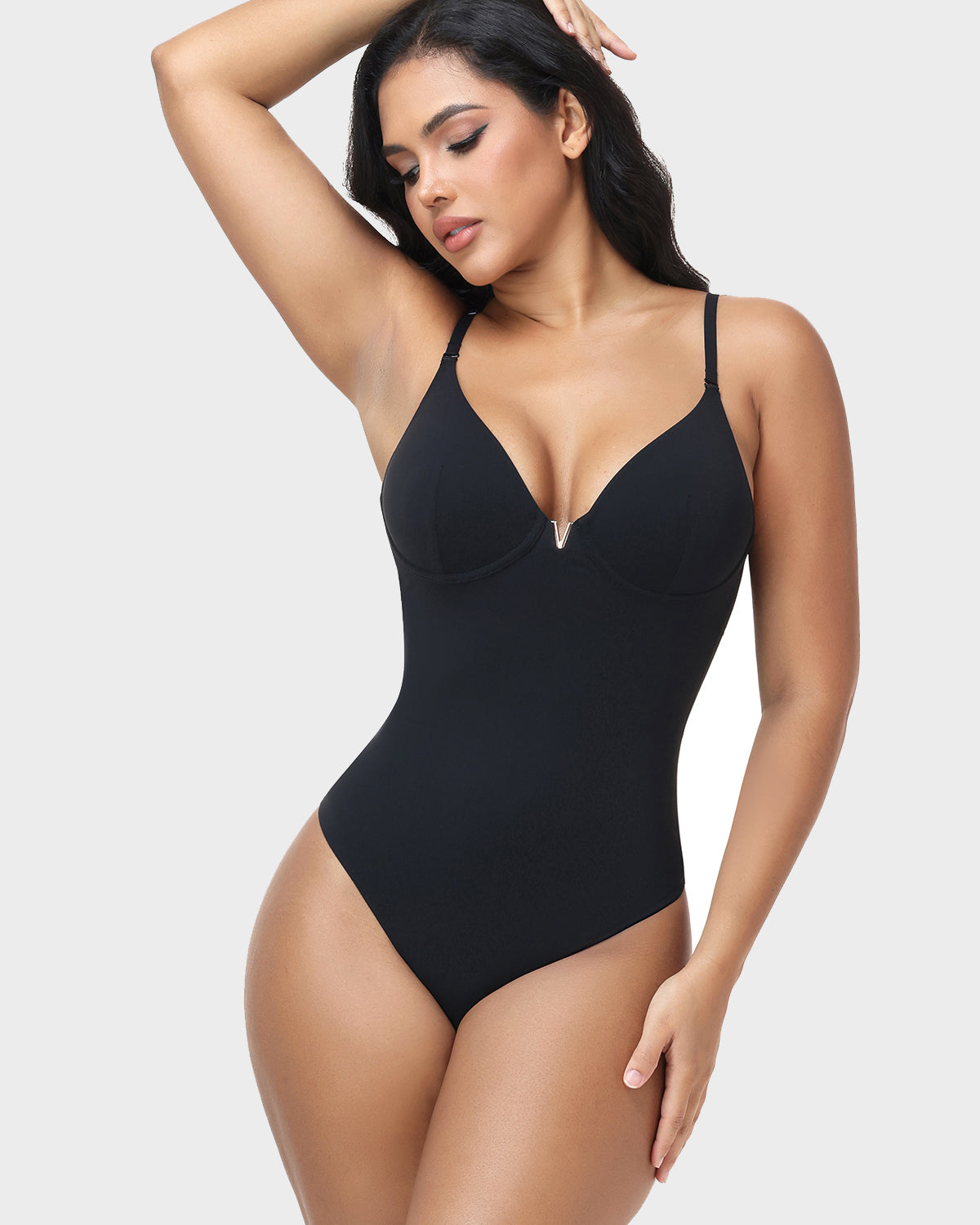 Metal V Detail Adjustable Thin Strap Seamless Hourglass Thong Bodysuit