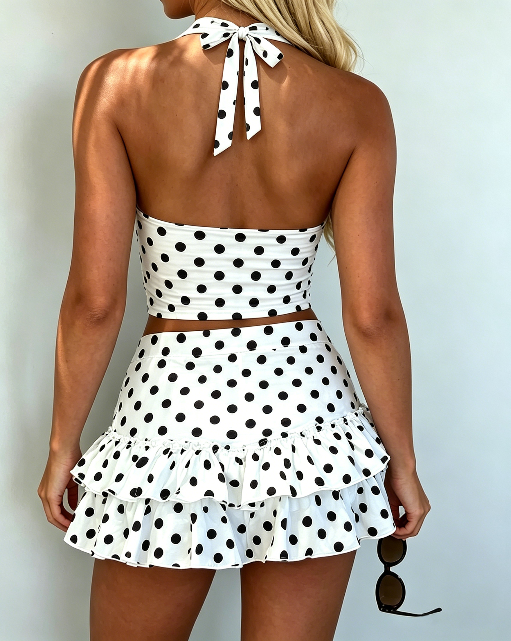 Polka Dot Top and Frill Detail Shorts Two-piece Set  - By Qivii