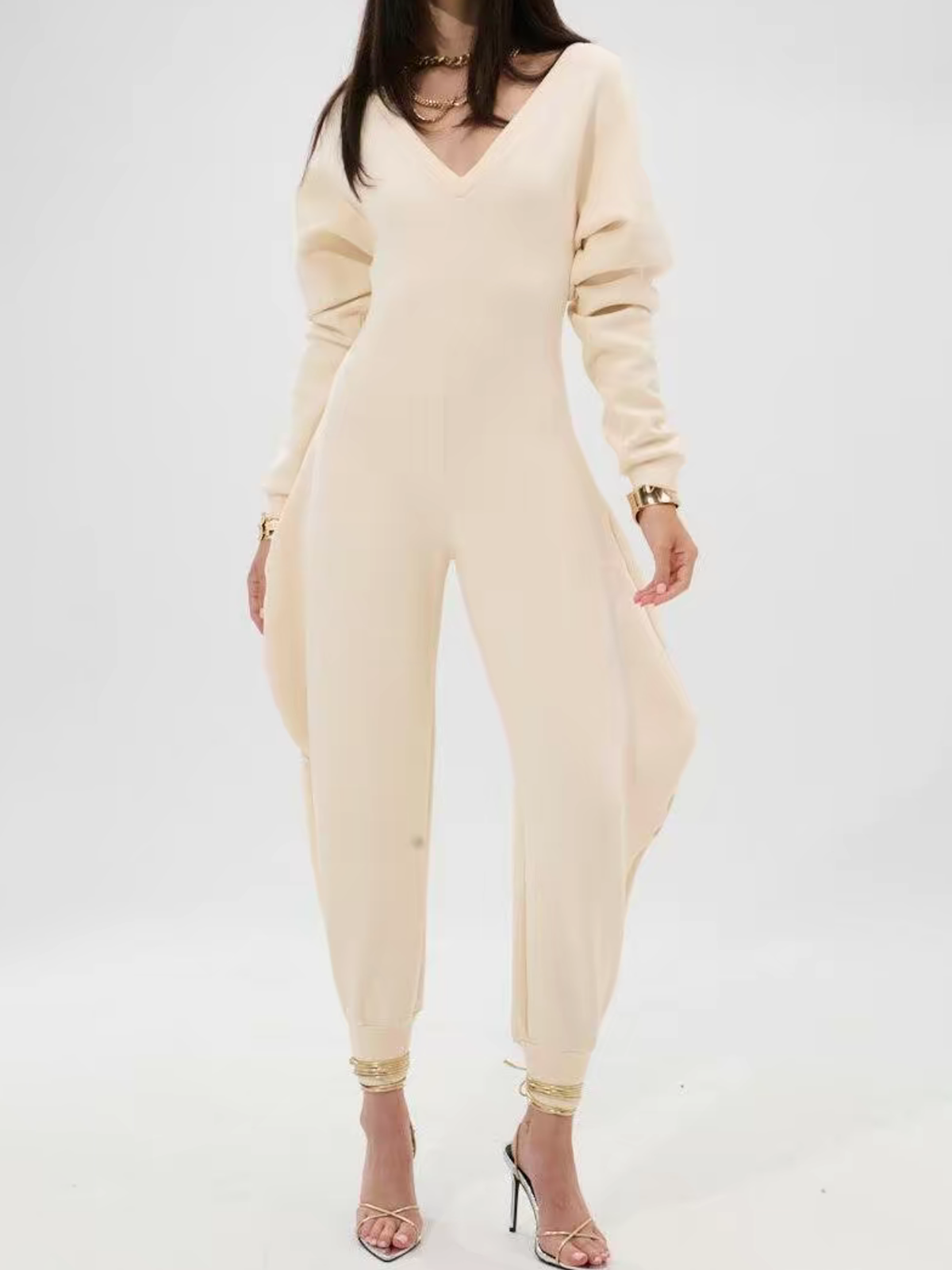 Cozy V Neck Baggy Long Sleeve Jumpsuit  - By Qivii