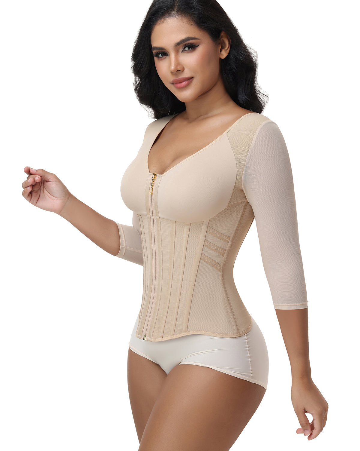 V Neck 3/4 Mesh Sleeve Zipper Waist Trainer High Compression Shaping Top