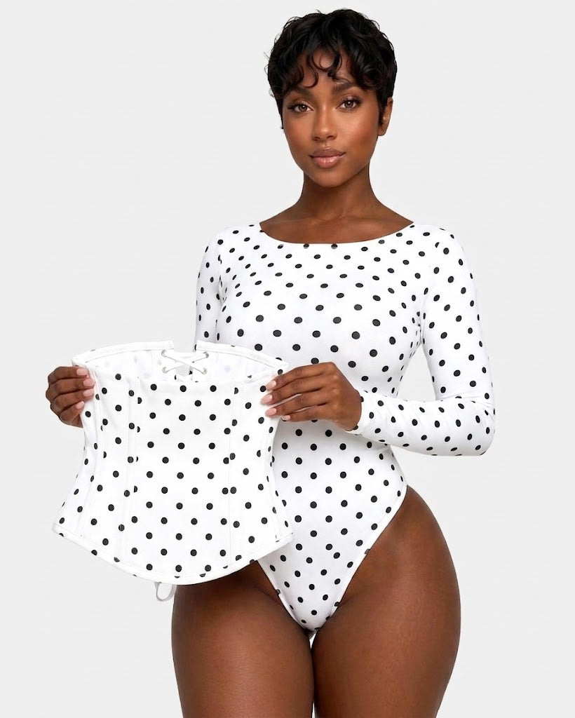Hourglass Long Sleeve Polka Dot Thong Bodysuit with Waist Trainer 2 Piece Set