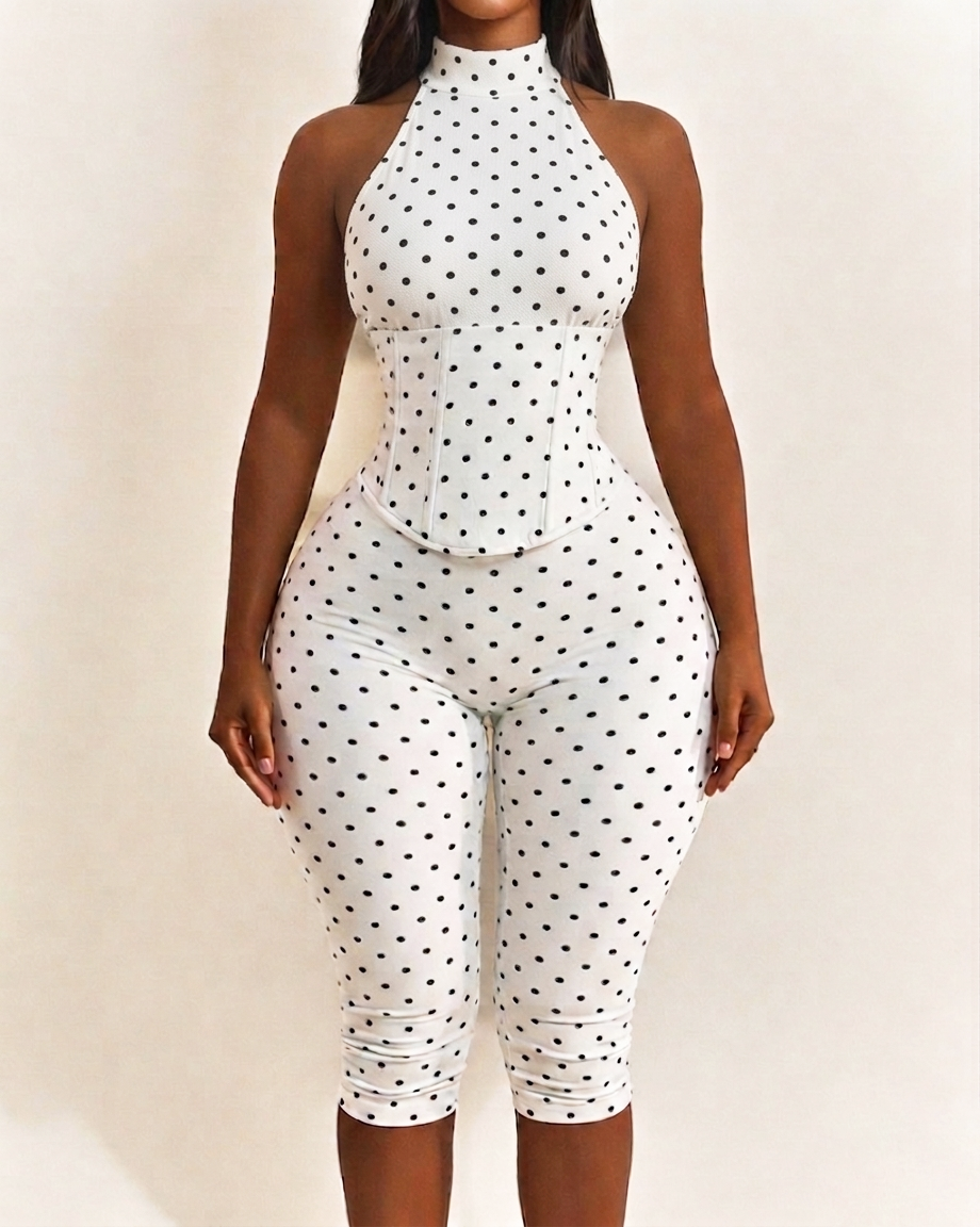 Polka Dot Halter Neck Hourglass Capri Jumpsuit with Detachable Corset Two-Piece Set  - By Qivii