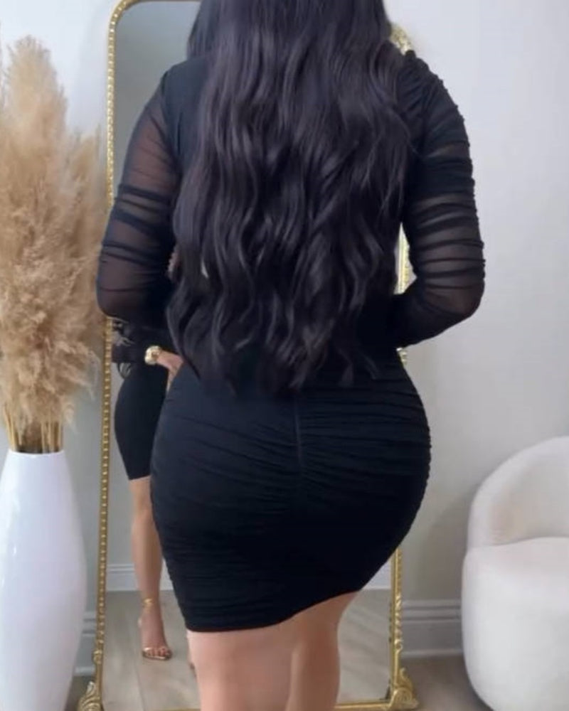 Sexy Mesh Long Sleeve Ruched Bodycon Mini Dress  - By Qivii