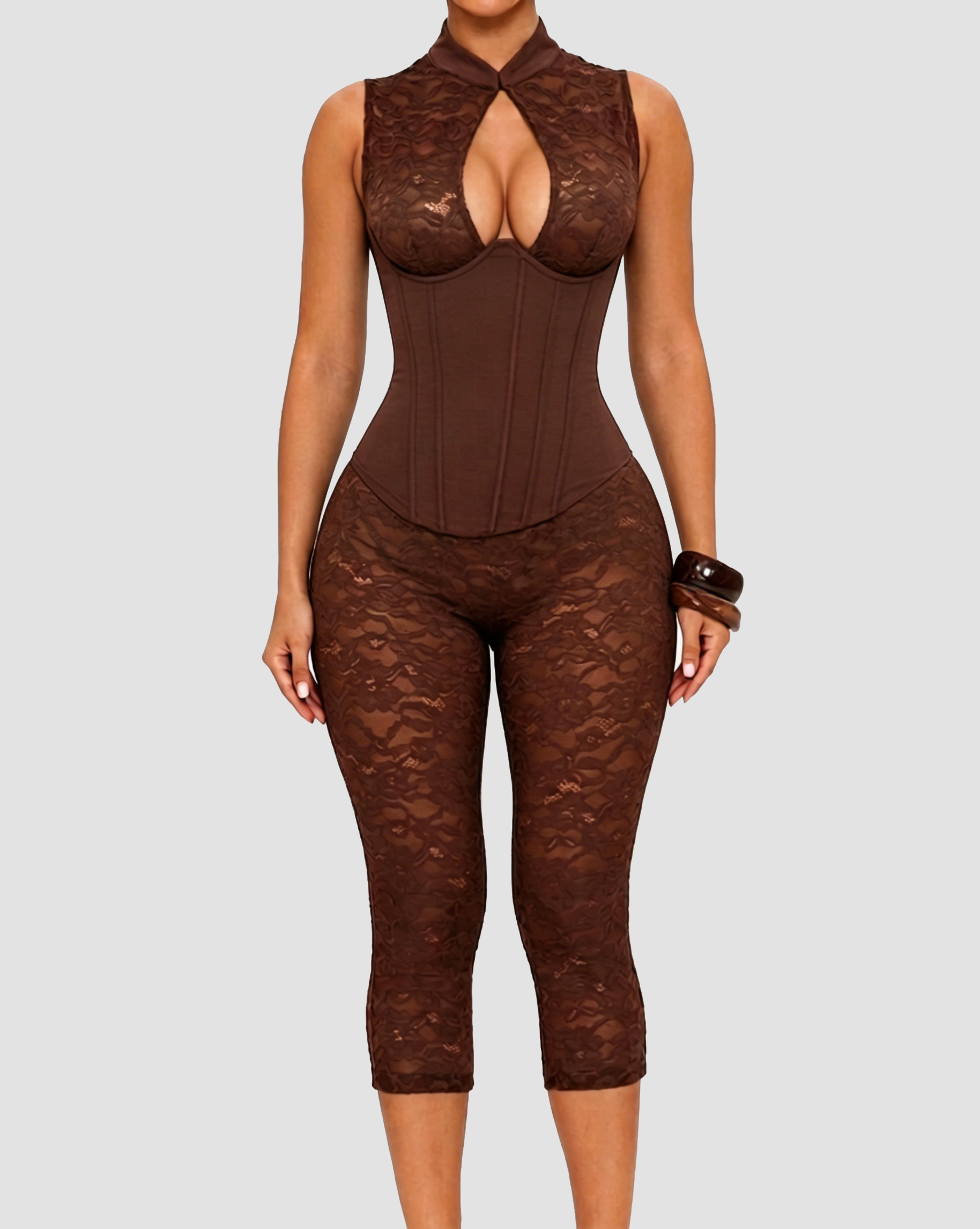 Sleeveless  Lace Corset Capri Jumpsuit Two-piece Set  - By Qivii