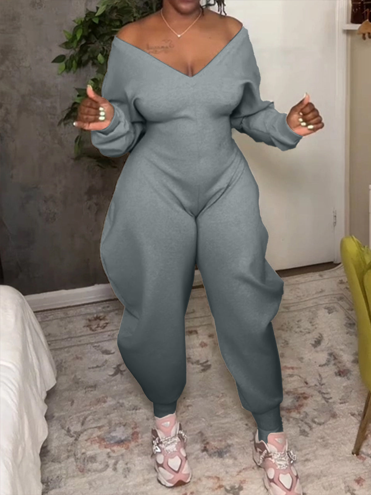 Cozy V Neck Baggy Long Sleeve Jumpsuit  - By Qivii
