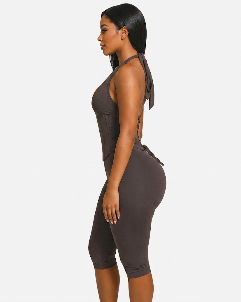 Hourglass Figure The Corset Body Shaper Waist Cincher Capri Jumpsuit Two-Piece Set  - By Qivii