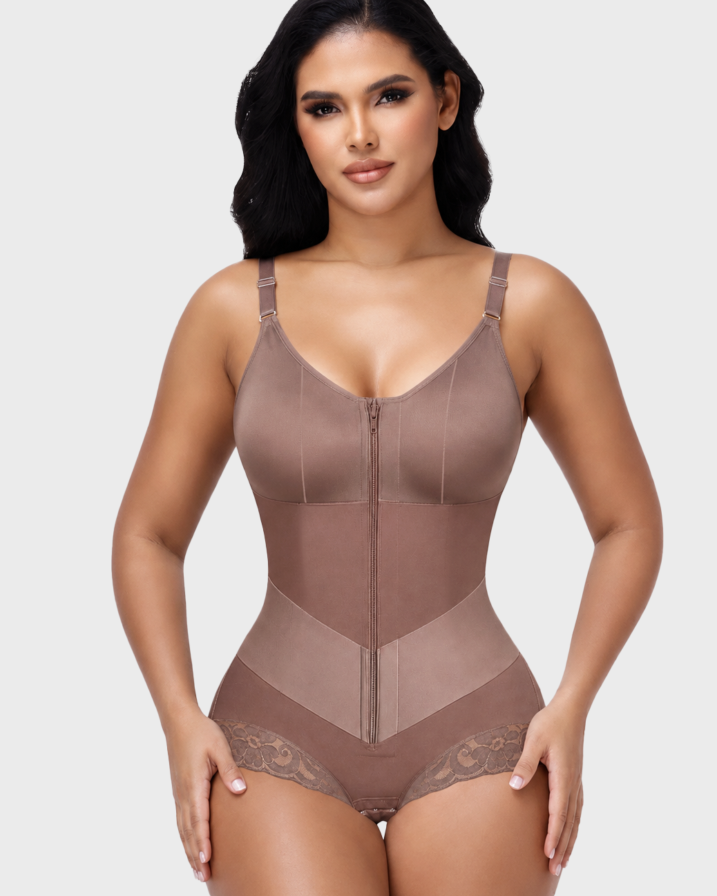 Front Zip Adjustable Strap Tummy Control Butt Lifting Bodysuit Shapewear