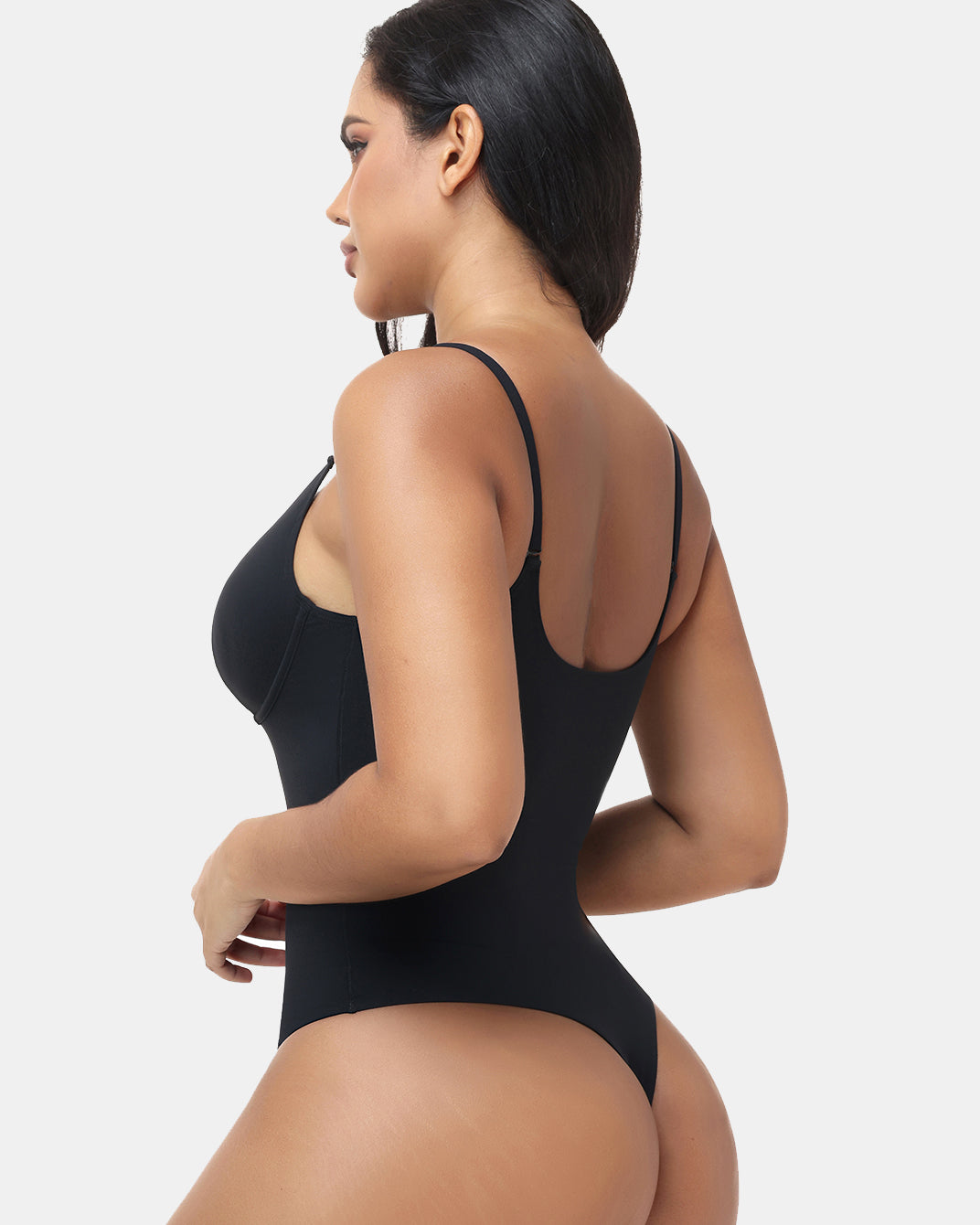 Metal V Detail Adjustable Thin Strap Seamless Hourglass Thong Bodysuit