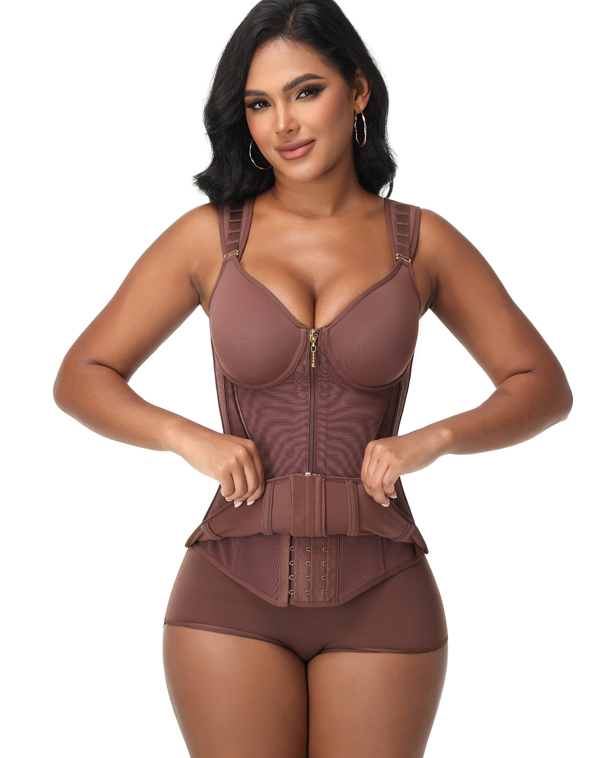 V Neck Underwire Cup Wide Adjustable Strap Zipper Waist Trainer Shaping Vest