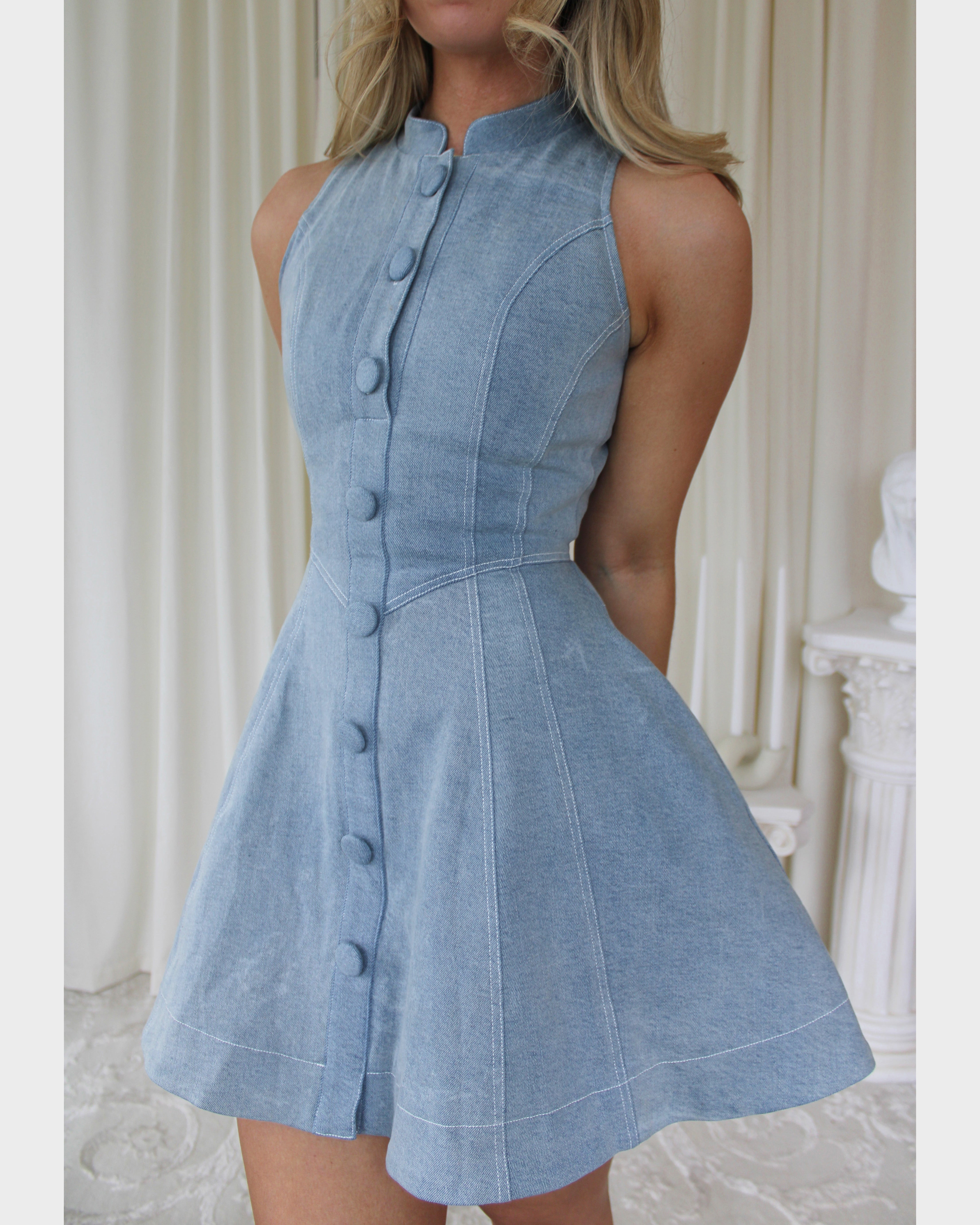 Stand Collar Sleeveless Button Denim Mini Dress with Pockets  - By Qivii