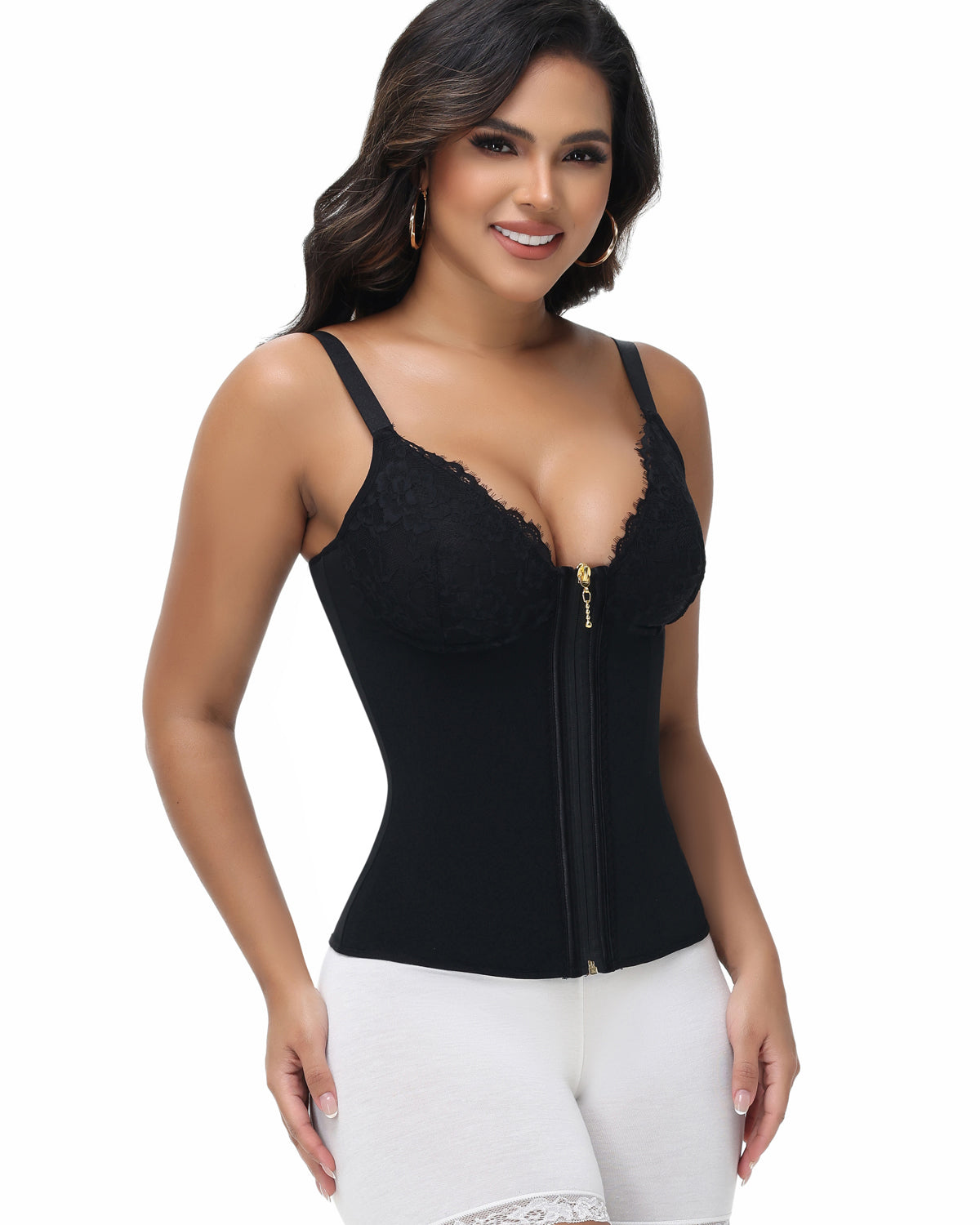Shapshe® Deep V Lace Corset Top Trimmed Waist Trainer with Front Zipper  - By Qivii