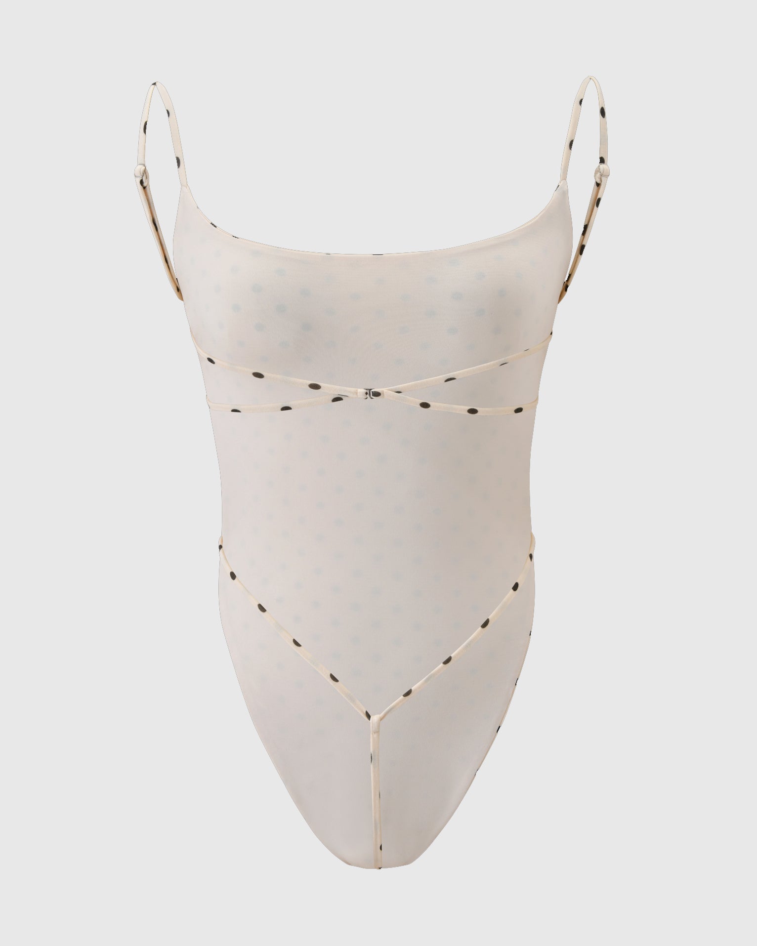 Polka Dot Square Neck Thin Strap Cross Back High Cut Bodysuit  - By Qivii