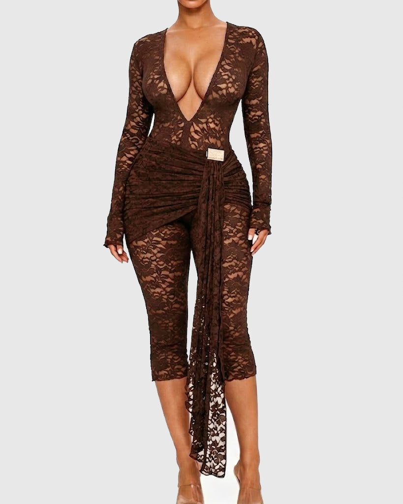 Deep V Lace Sheer Long Sleeve Capri Jumpsuit with Waist Drape Detail  - By Qivii
