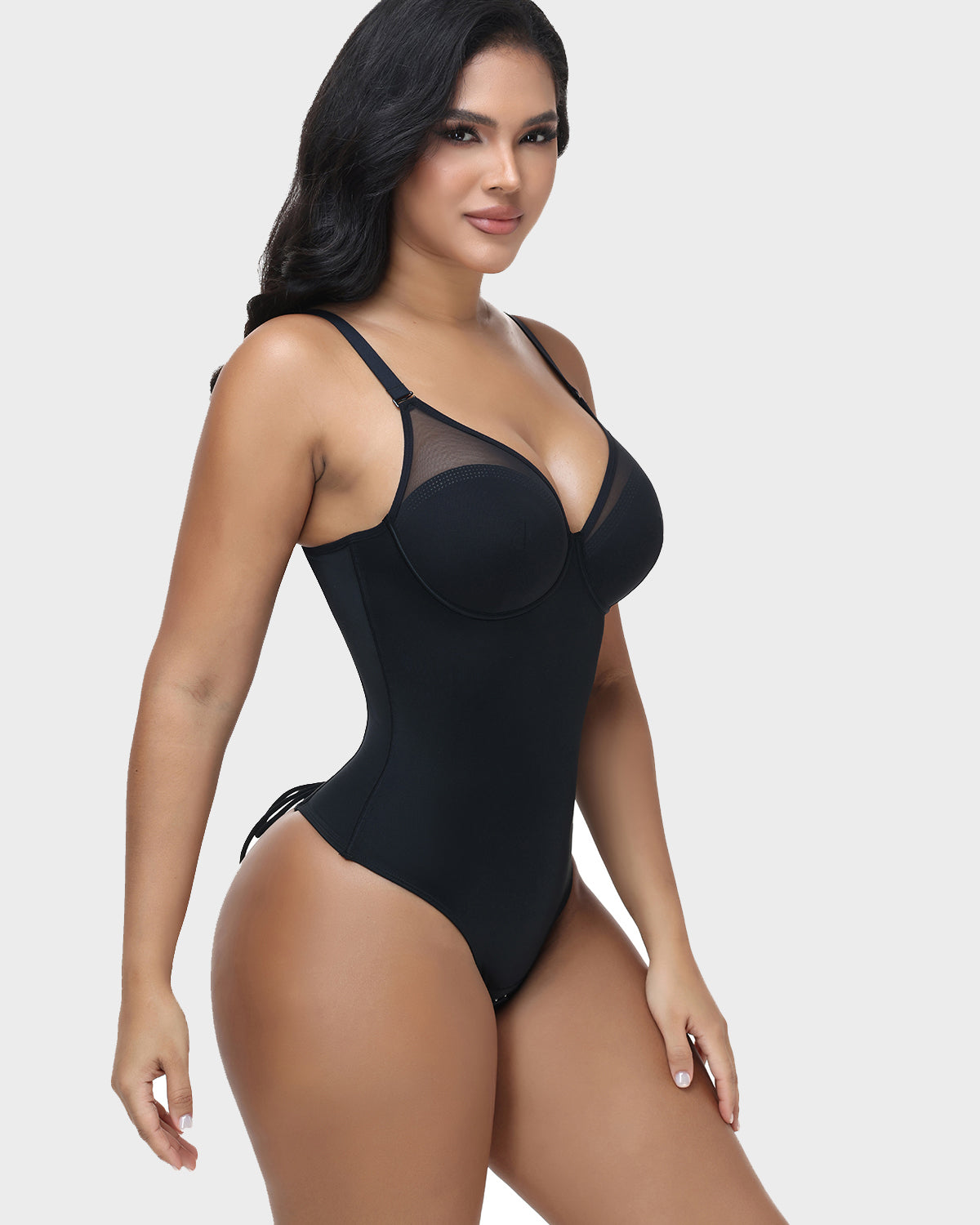 Mesh V Neck Thong Bodysuit Adjustable Straps Lace Up Back Tummy Control Shapewear