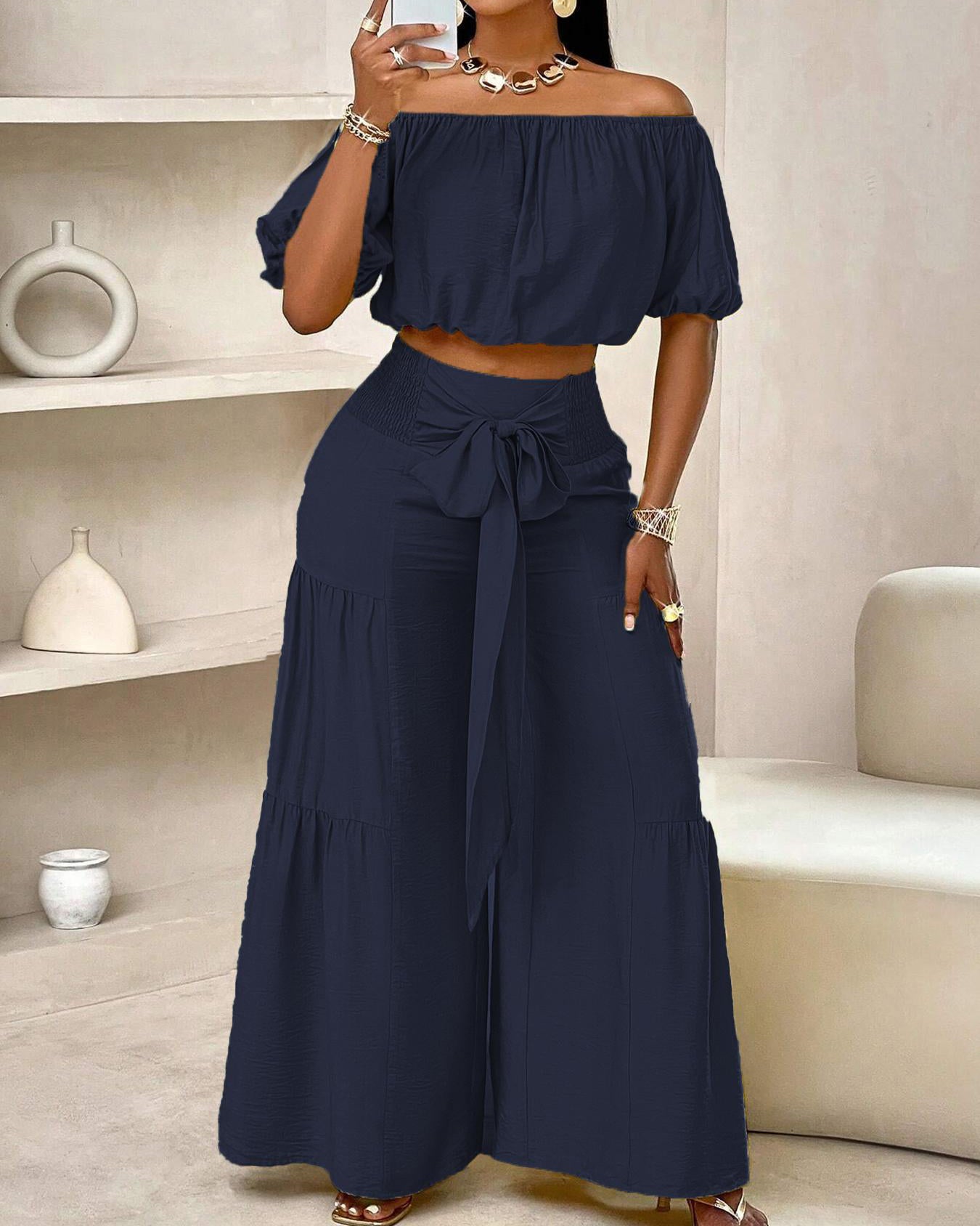 Off Shoulder  Crop Top Waist Tie Front Tiered Wide Leg Pants Two Piece Set  - By Qivii