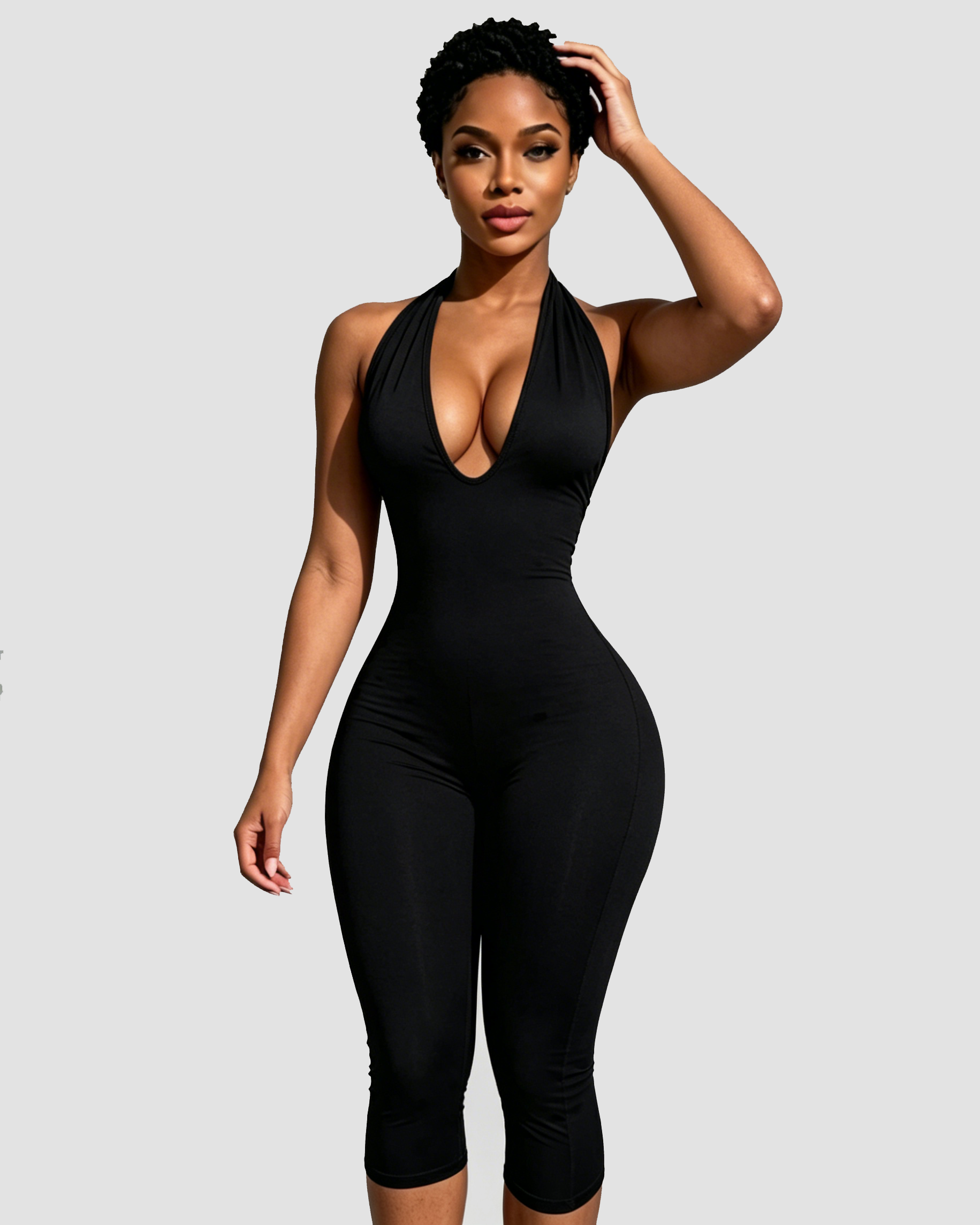 Hourglass Halter V Neck Backless Butt Lifting Capri Jumpsuit In Polk Dot  - By Qivii