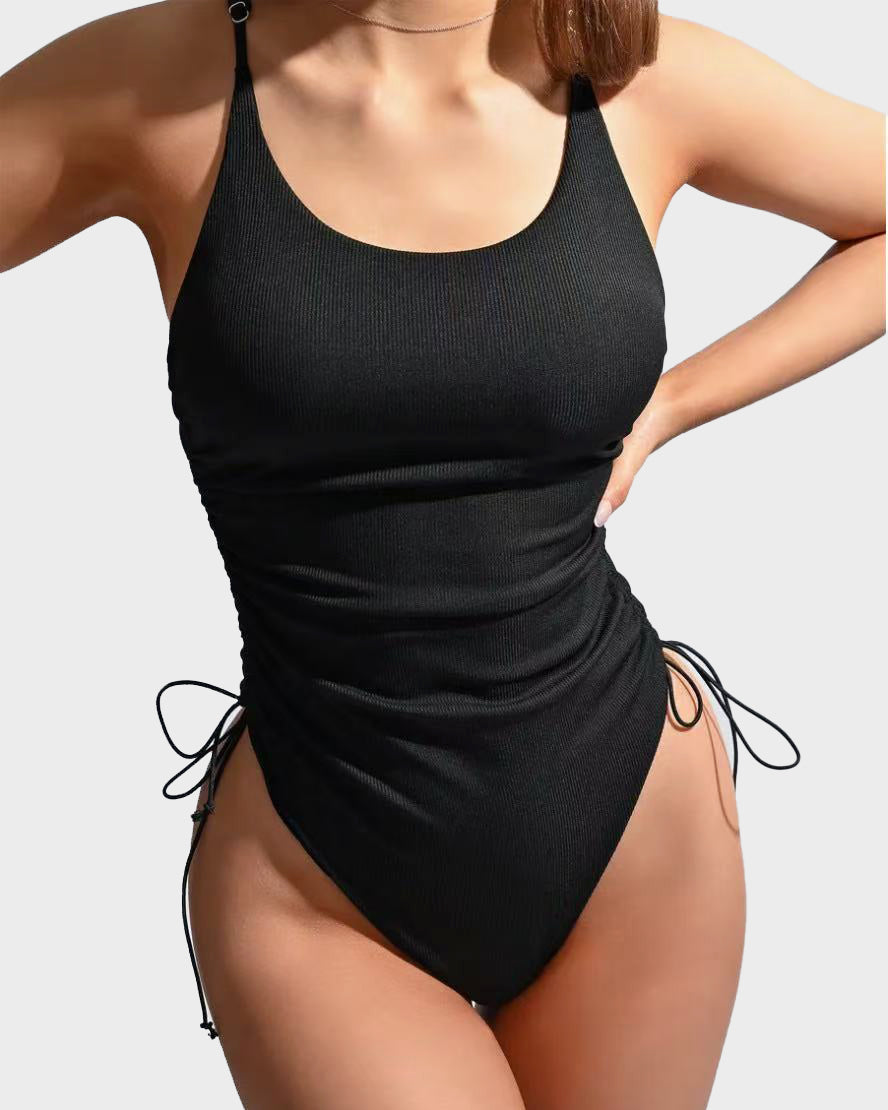 Solid Color Square Neck Adjustable Strap Side Drawstring One Piece Swimsuit  - By Qivii